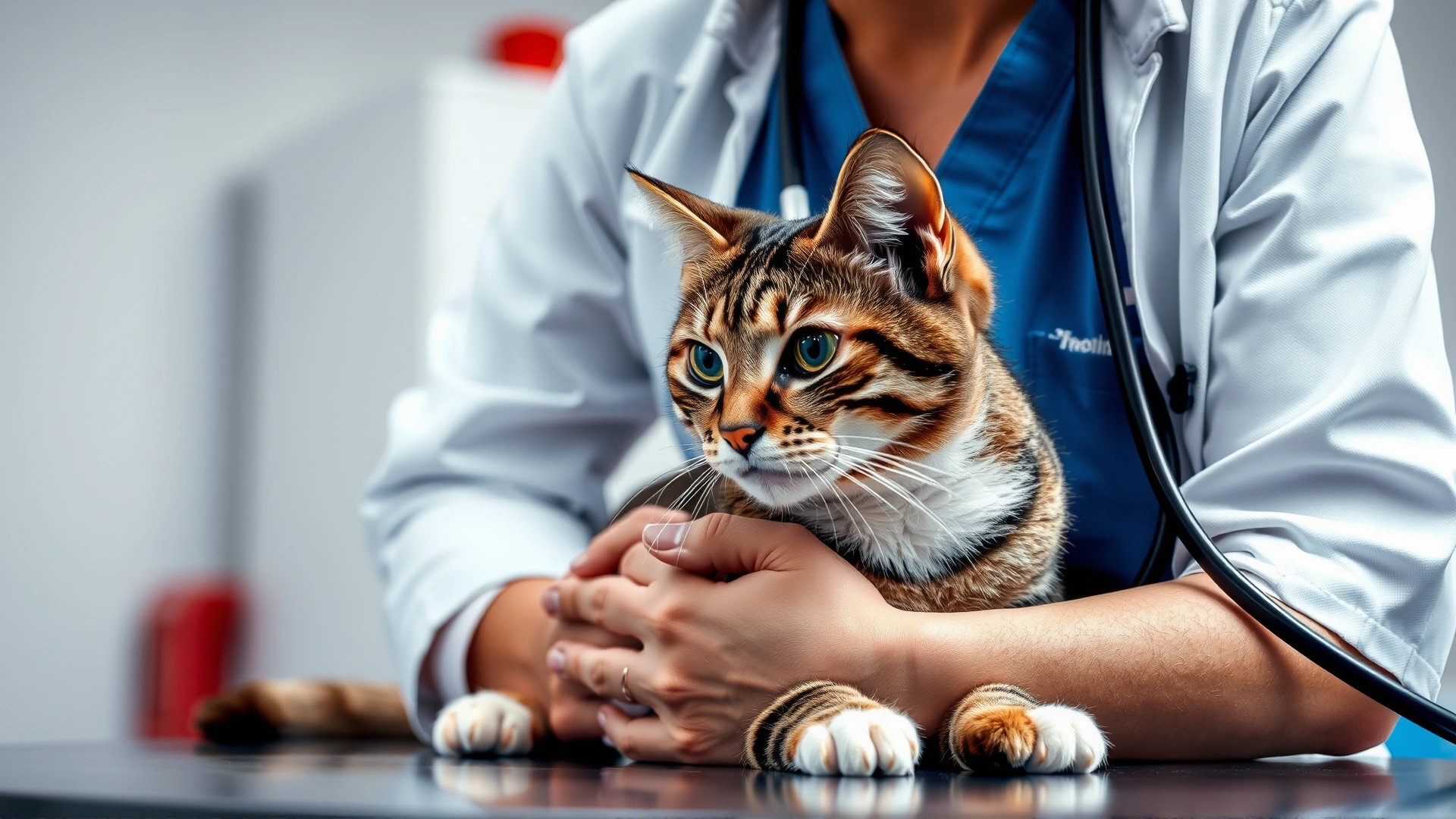 Veterinarian gently examining a tabby cat on an examination table, stethoscope visible, clinical setting.