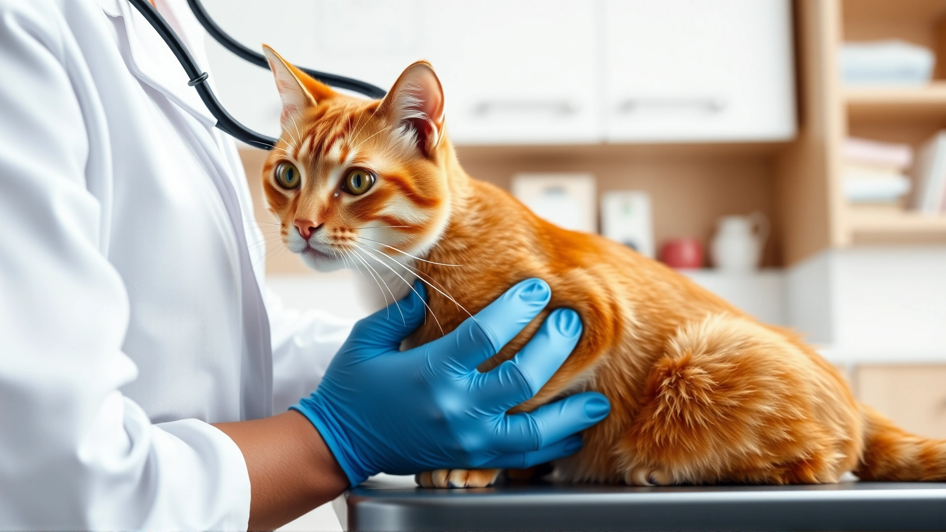 Veterinarian using a stethoscope to examine a ginger cat on an examination table, clinic setting