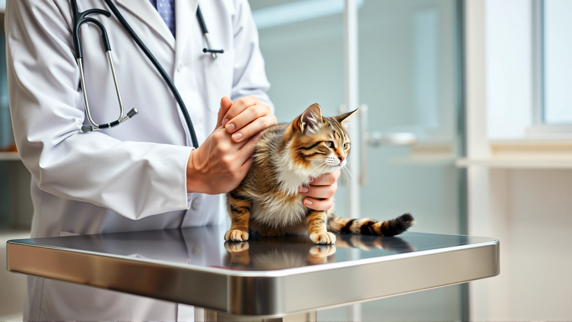 A veterinarian gently examining a cat on a stainless steel table in a modern clinic, stethoscope visible, bright neutral background.