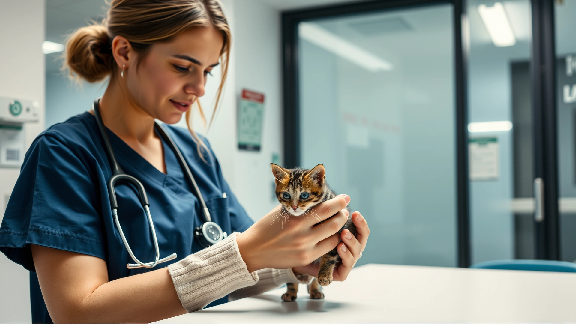 Medium shot of a concerned cat owner handing her young kitten to a veterinarian in a modern clinic; no text visible, bright atmosphere.