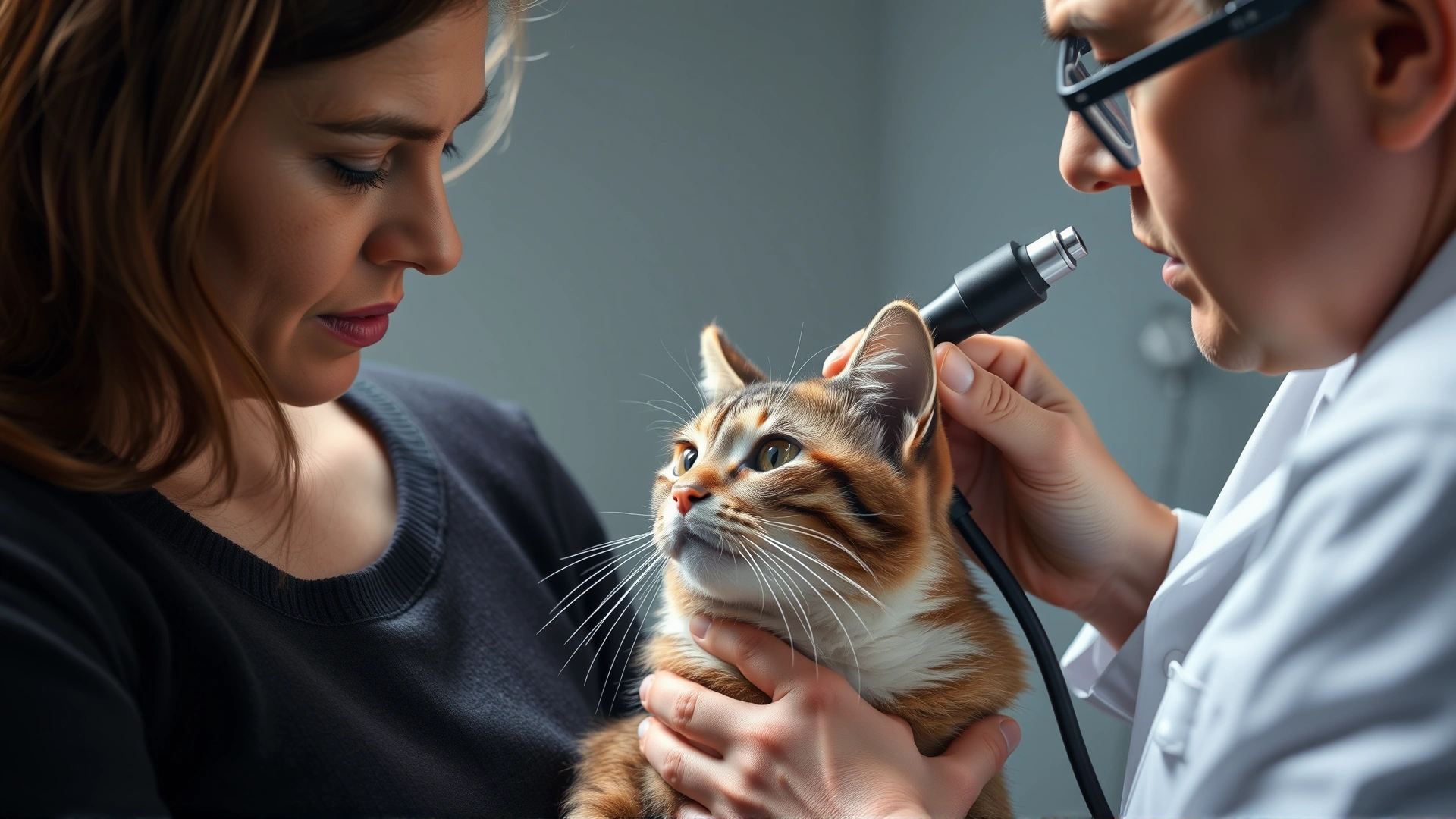 Medium shot of a concerned pet owner holding a cat while a veterinarian uses an otoscope to inspect the cat’s ear, conveys diagnostic process.