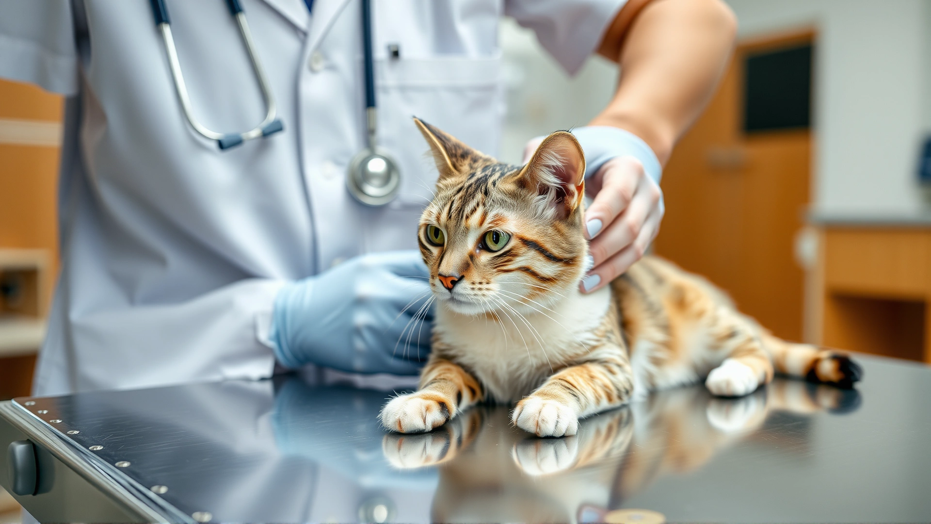 A veterinarian gently examining a mature domestic cat on a stainless steel exam table, stethoscope visible around the vet’s neck, bright modern clinic setting.