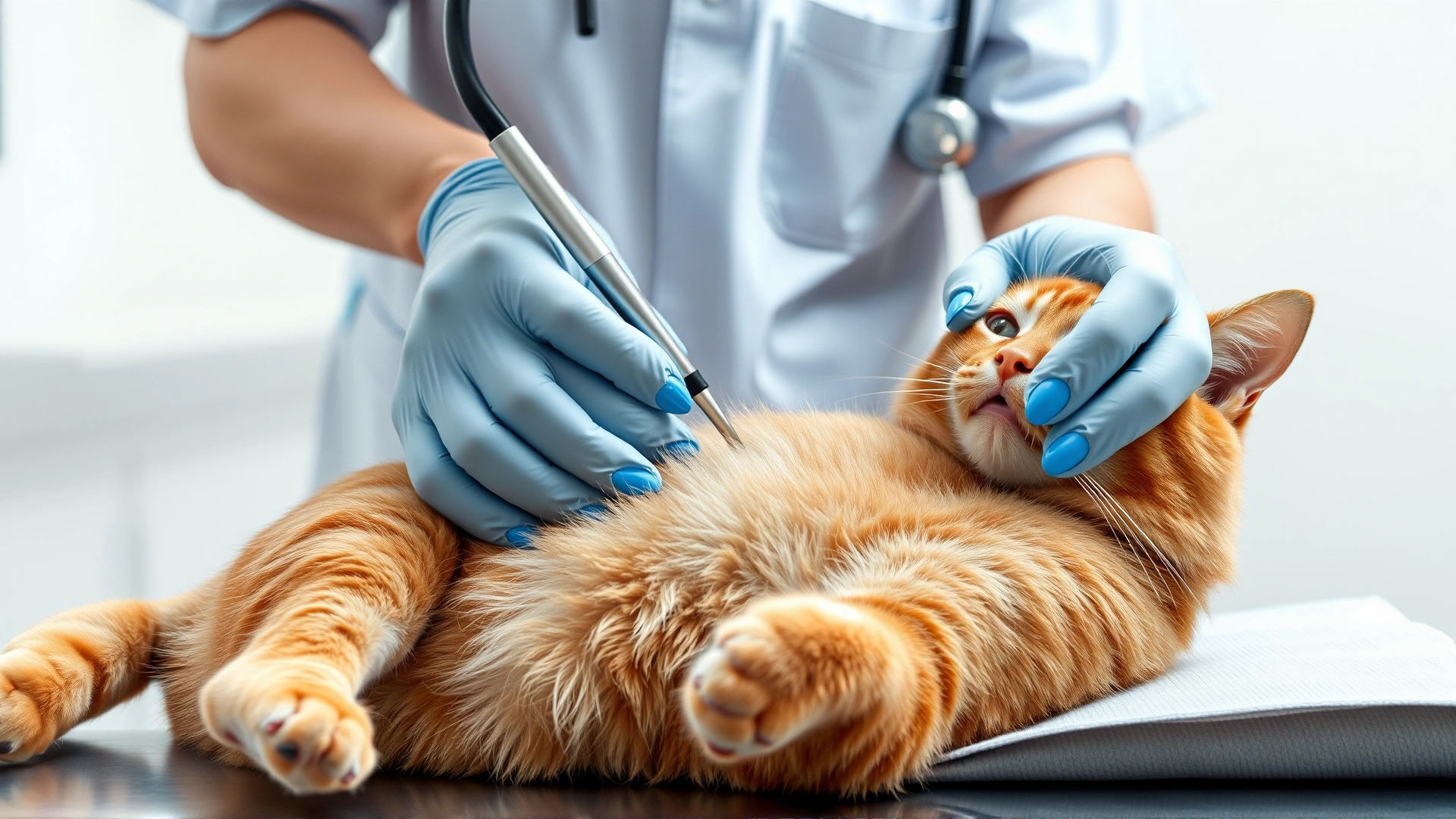 Veterinarian performing abdominal ultrasound on an orange domestic short-haired cat lying on its back, clinical setting, focus on the procedure, no text