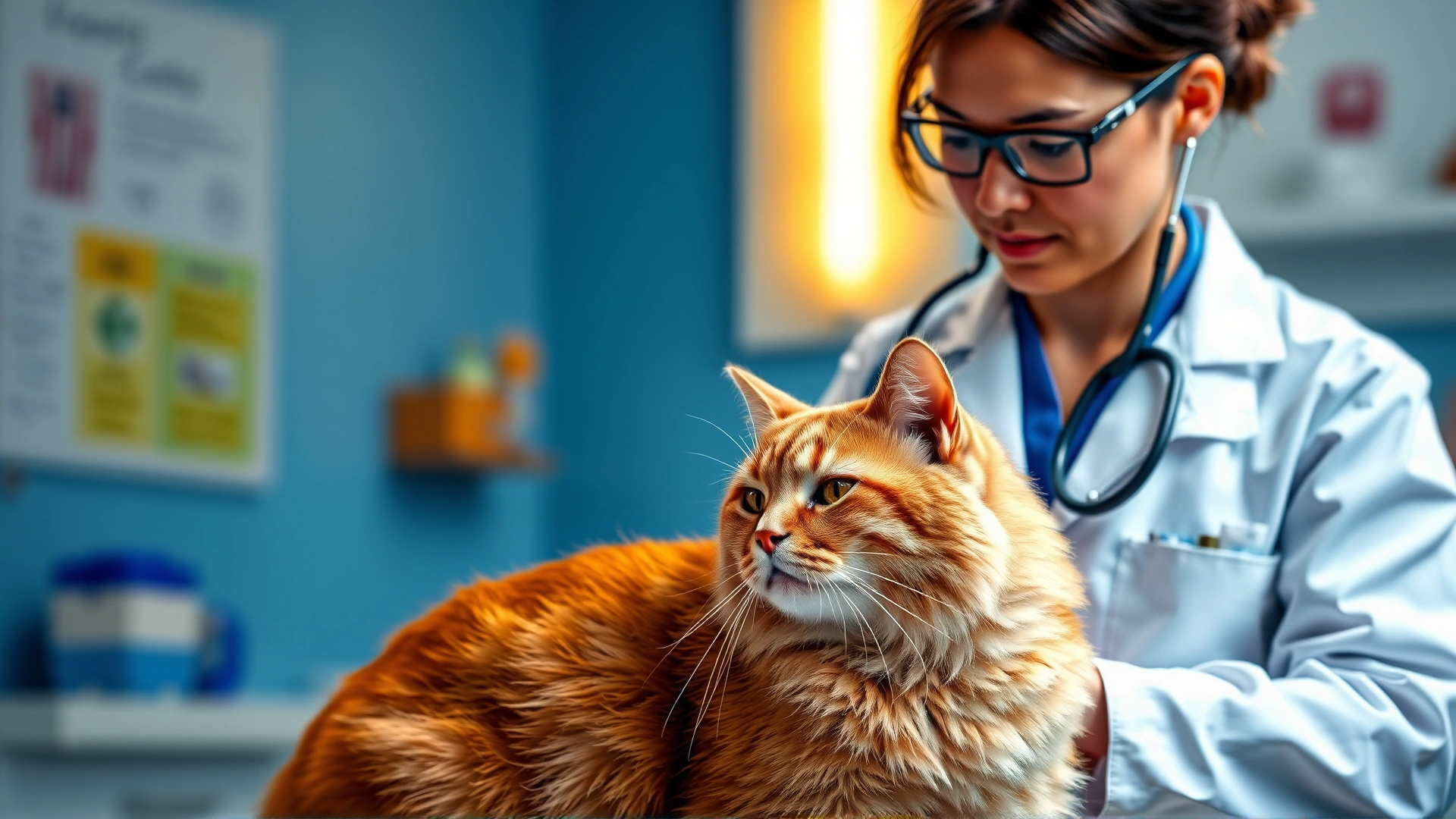 Veterinarian in white coat using a stethoscope to examine a calm orange cat, bright well-lit clinic