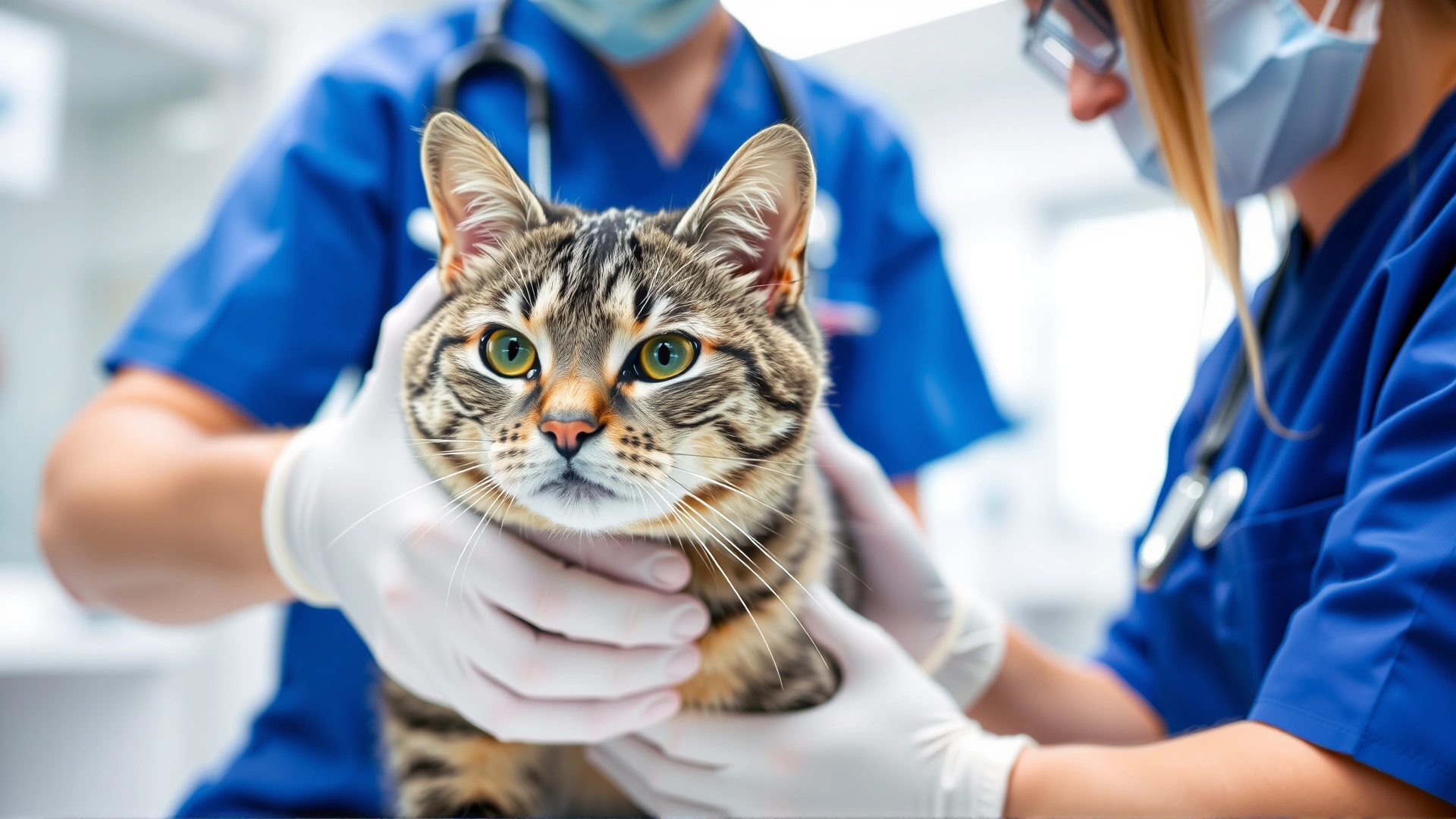 Photo of a grey tabby cat being gently examined by a veterinarian in blue scrubs inside a modern veterinary clinic