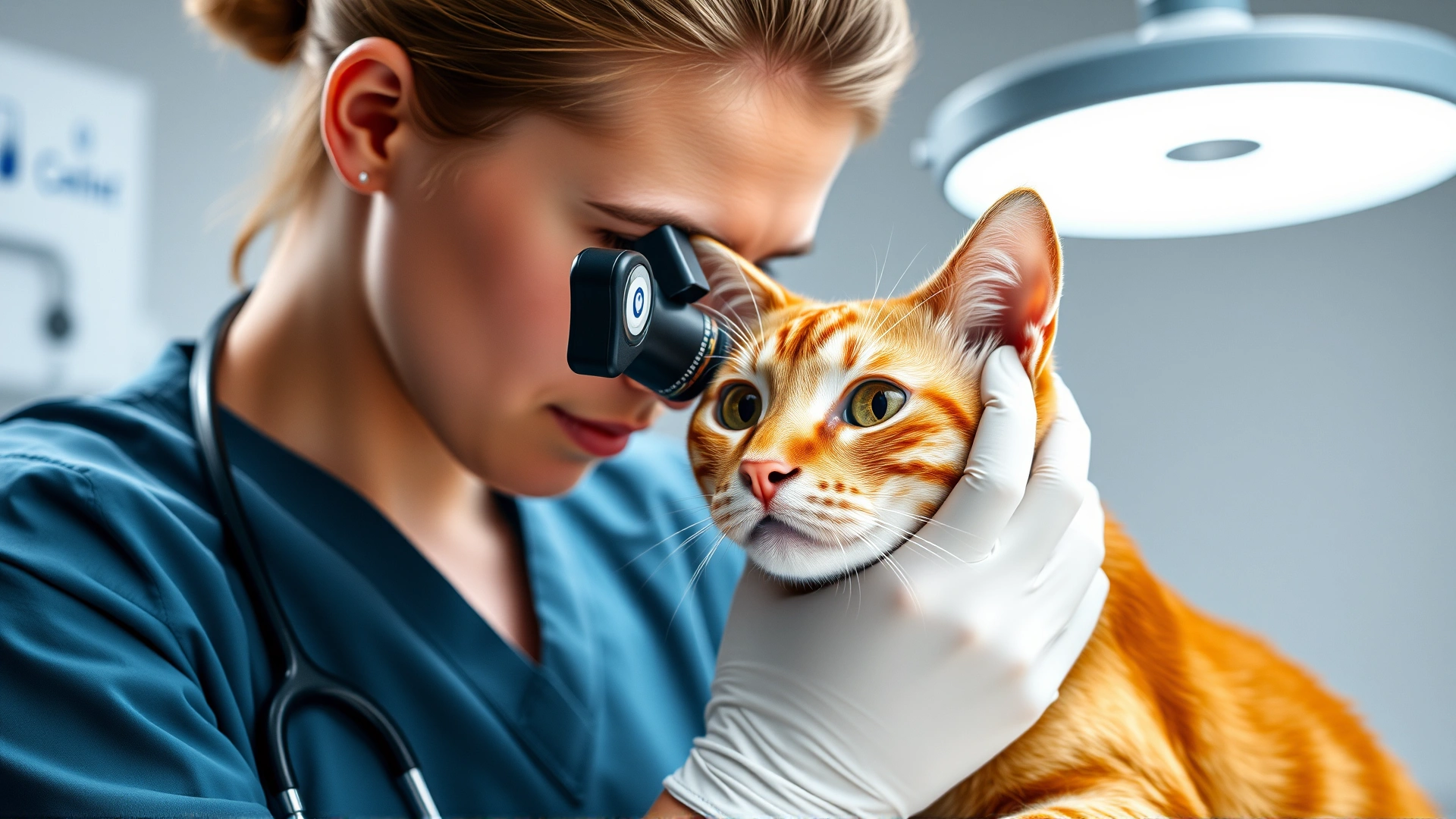 Veterinarian wearing scrubs performing an ophthalmic examination on a ginger cat using an ophthalmoscope, clinical setting