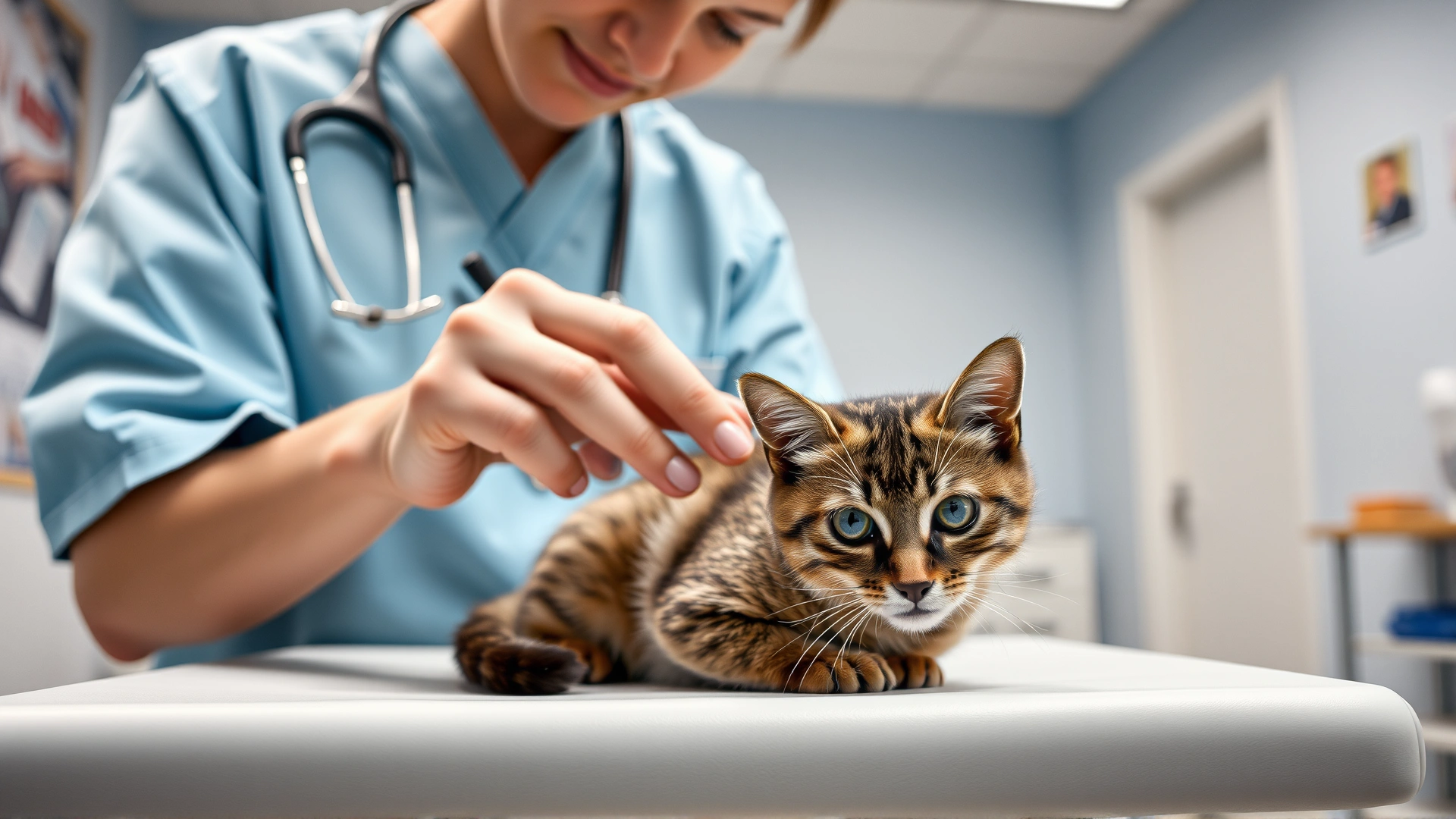 Veterinarian gently examining a young cat on an examination table in a modern clinic, no text