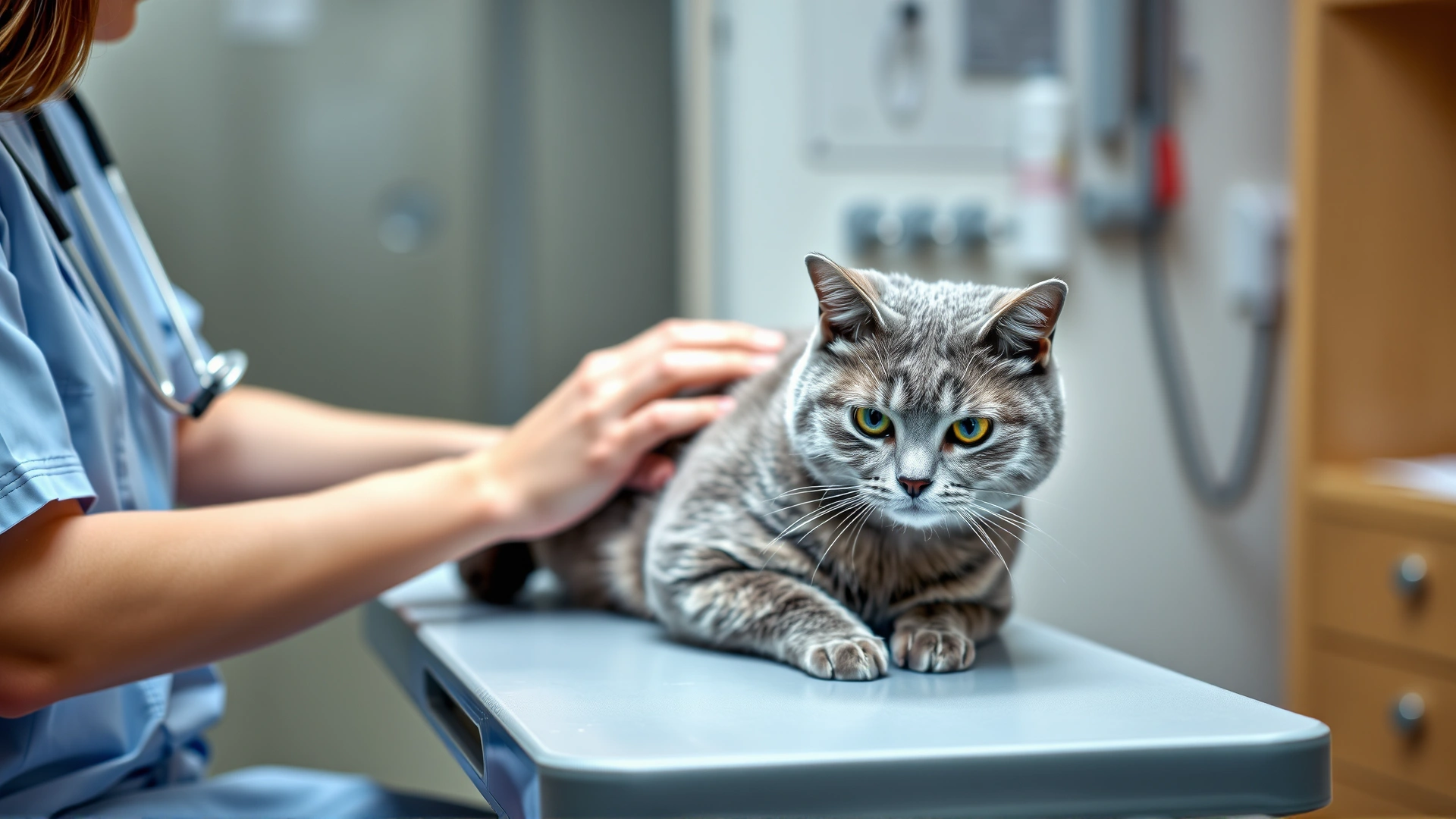 Photo of a veterinarian gently examining a calm grey cat on a clinic table, with stethoscope and medical supplies in background.