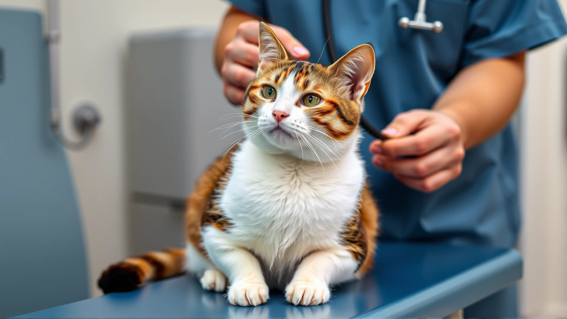 Domestic short-hair cat sitting on a veterinary exam table while a veterinarian uses a stethoscope to listen to the cat’s chest.
