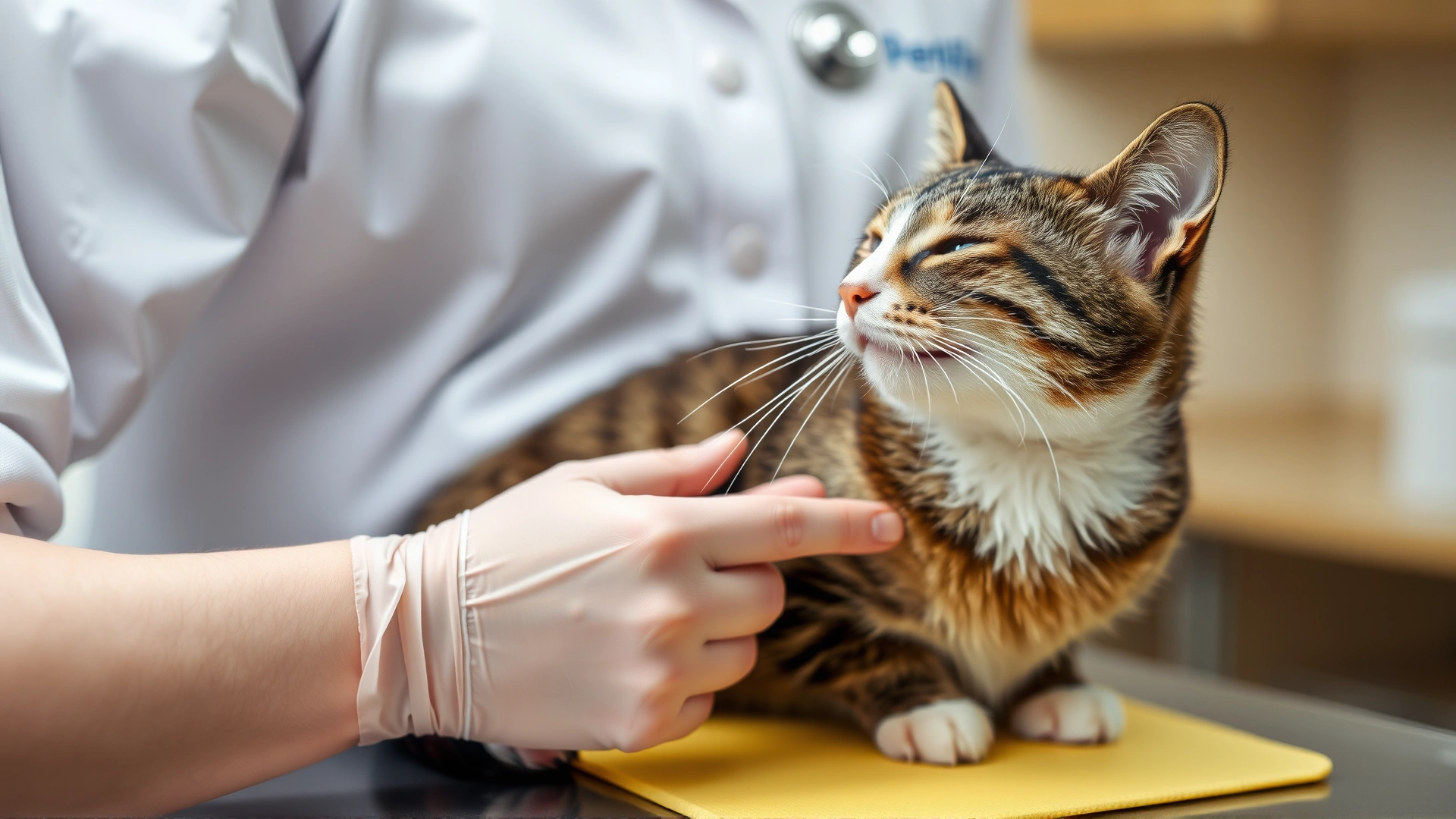 Domestic short-hair cat sitting on an examination table while a veterinarian gently examines its jaw.
