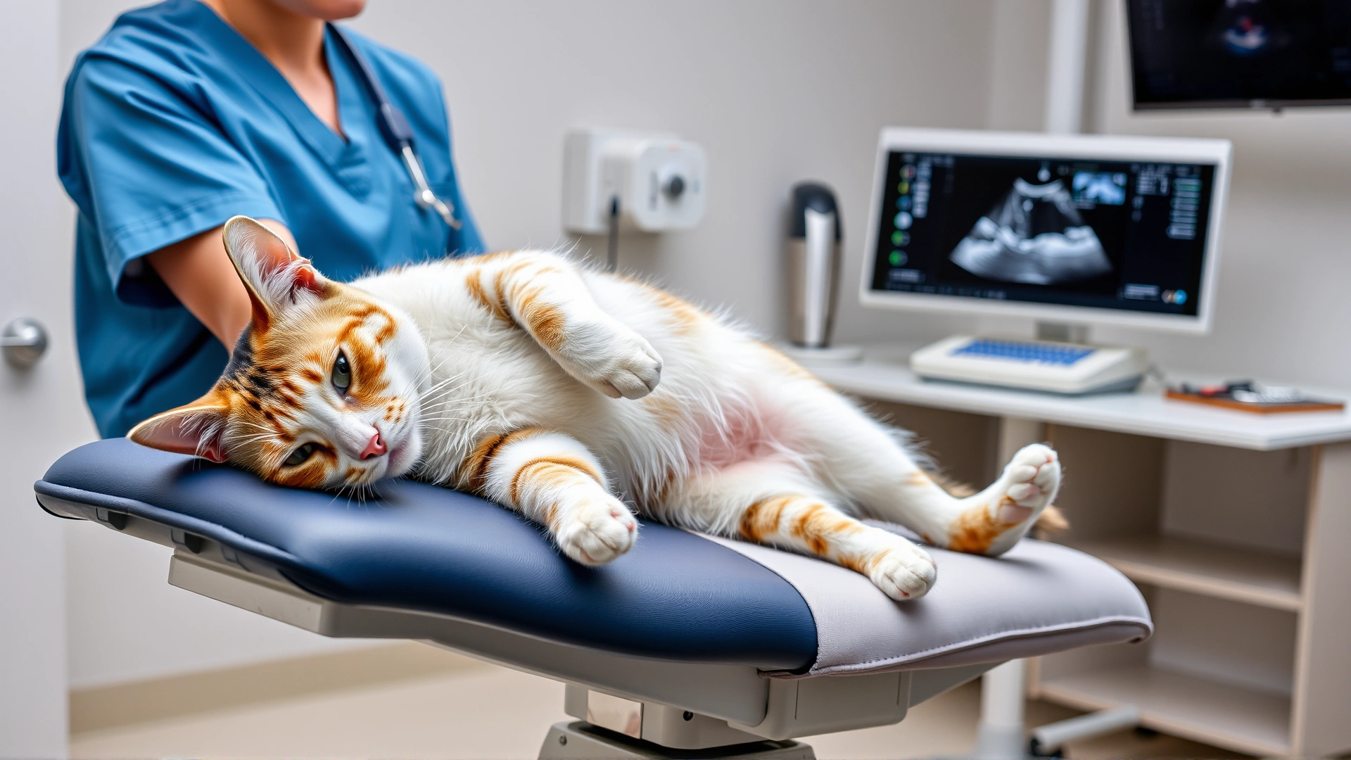 Veterinarian gently palpating a cat's abdomen on examination table