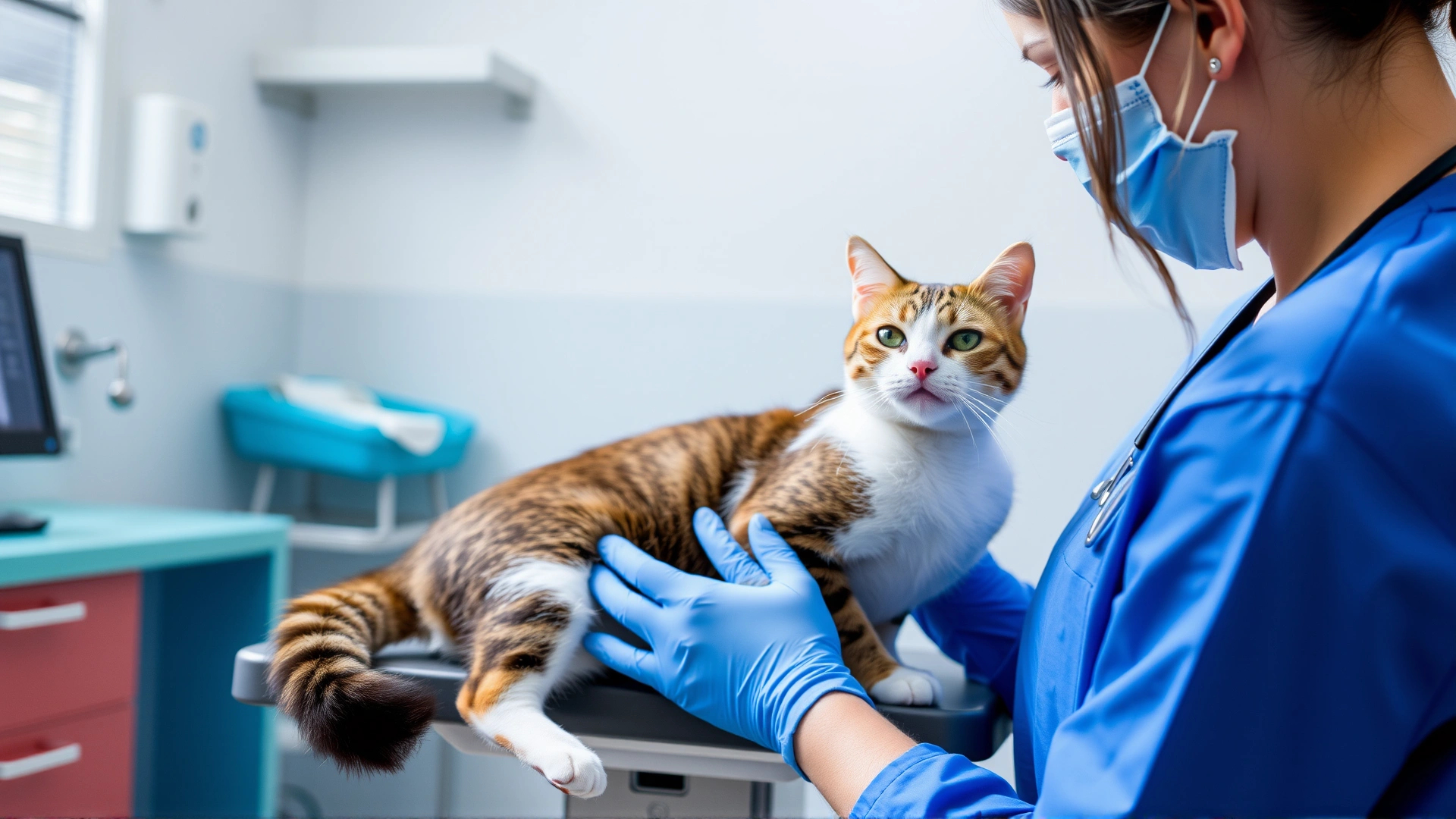 Domestic cat sitting on an exam table at a veterinary clinic while a veterinarian in blue scrubs gently examines its abdomen, bright clean setting, high-resolution photo
