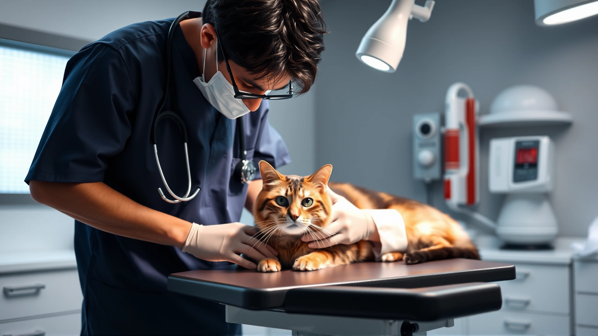 Veterinarian examining a concerned cat on an examination table in a modern clinic setting.