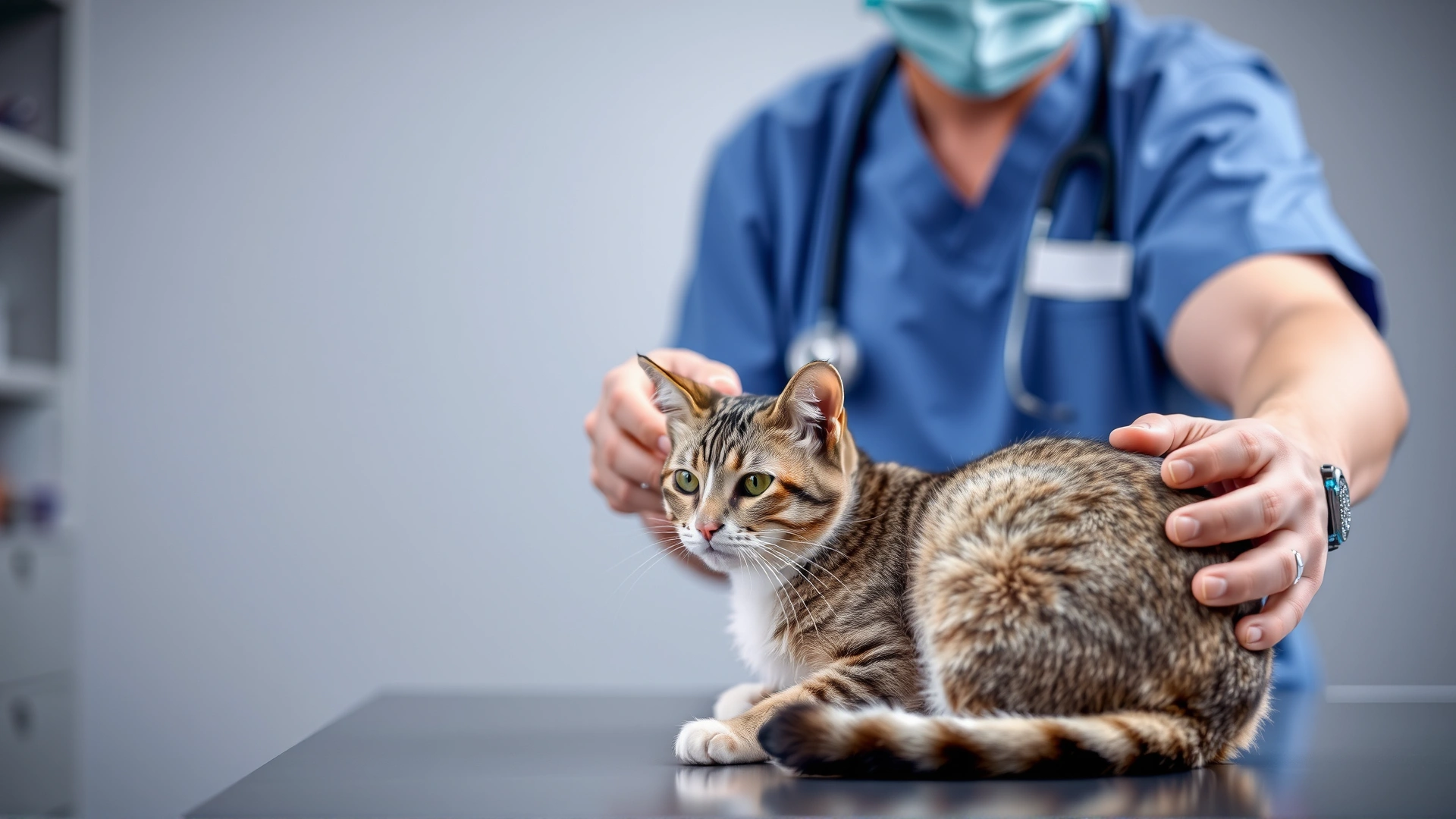 A veterinarian wearing scrubs gently examining a domestic shorthair cat on an examination table