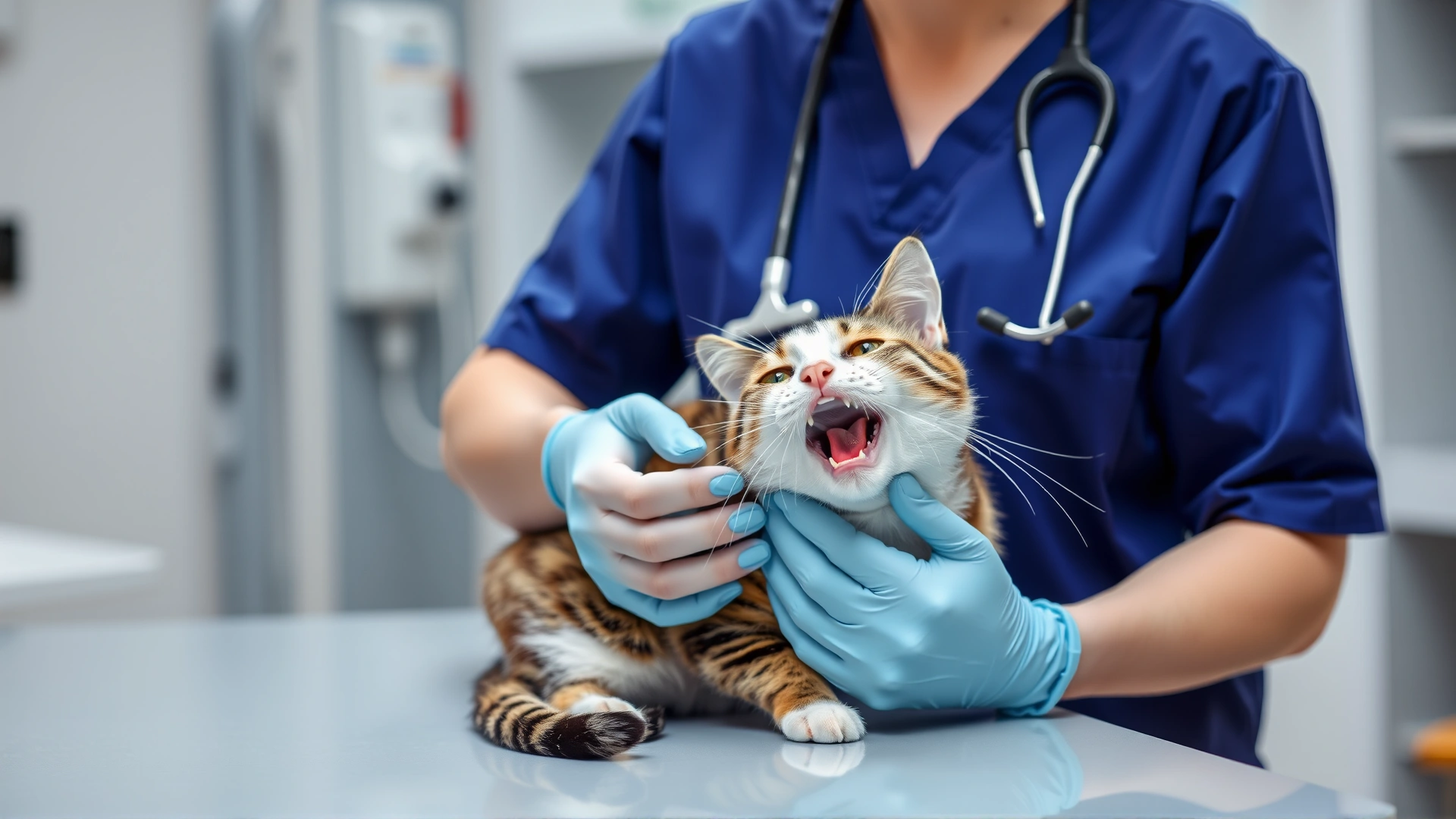Female veterinarian in scrubs gently examining a cat's mouth on an examination table, clinic background
