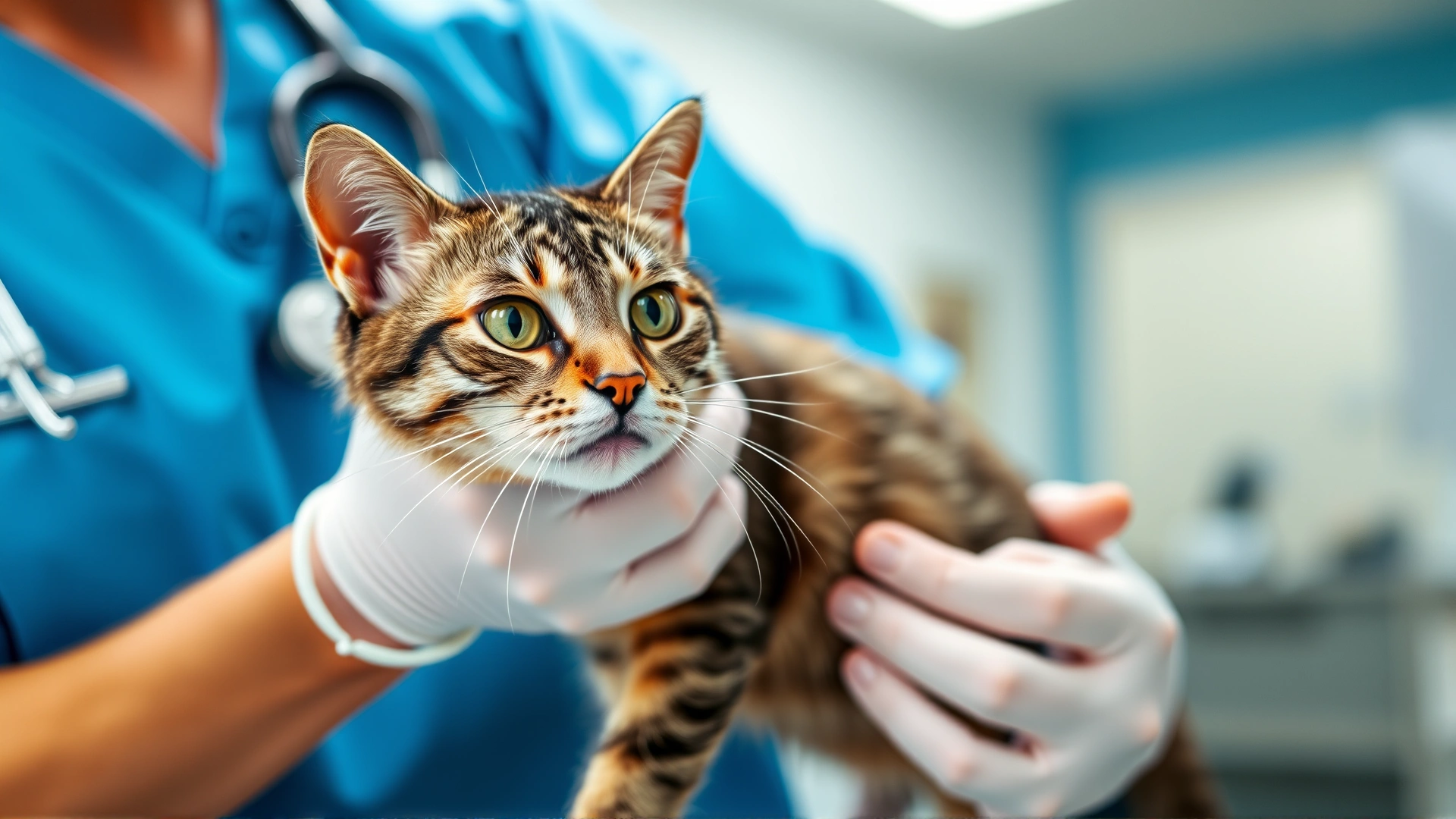 A domestic short-haired cat being gently examined by a veterinarian wearing blue scrubs in a modern clinical setting.