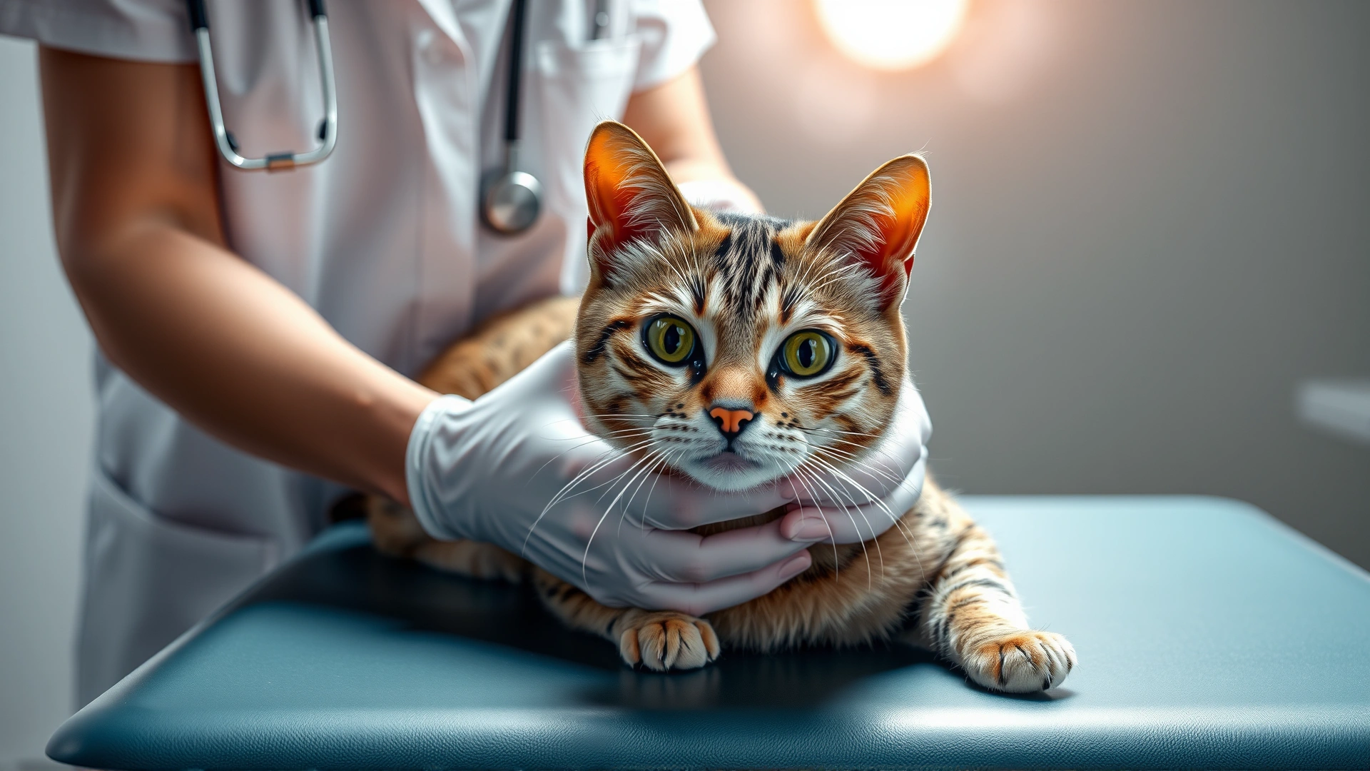Veterinarian gently examining a domestic short-haired cat on an examination table, clinical setting, professional lighting