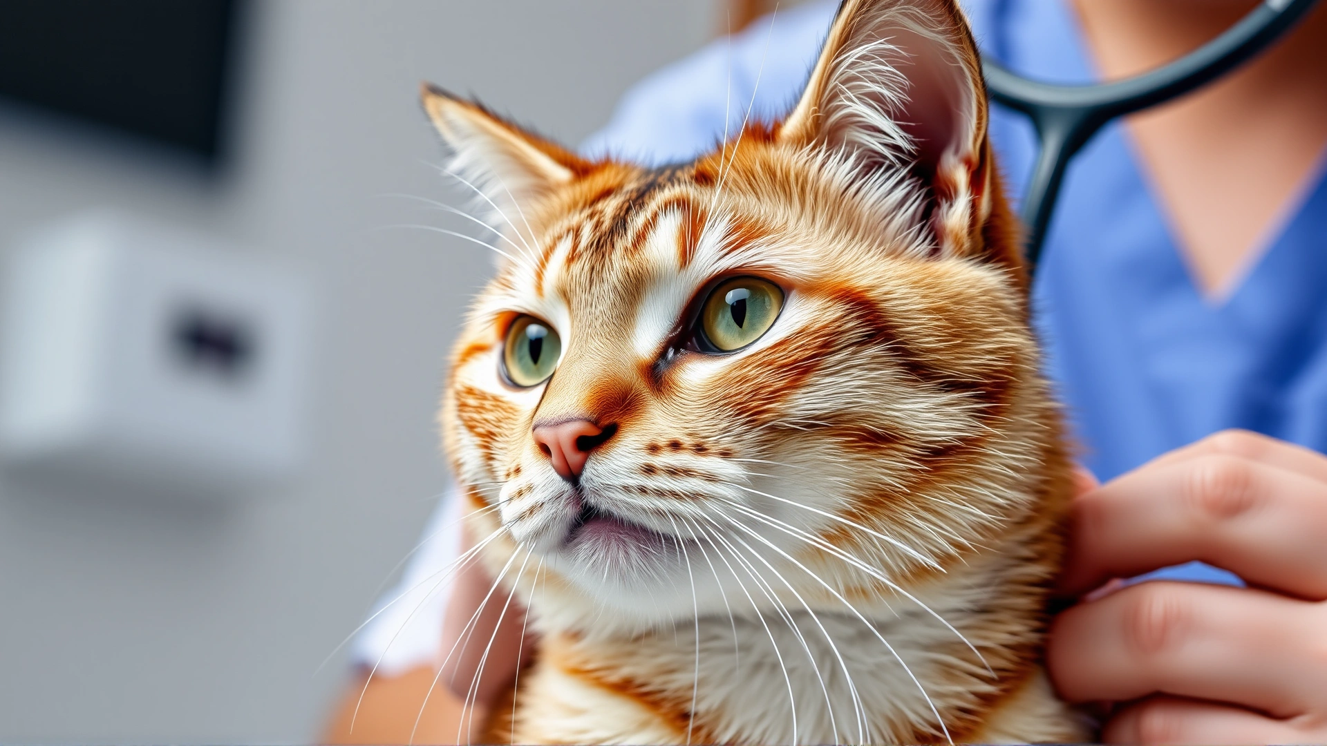 Cat being examined by a veterinarian with a stethoscope, clinical setting, soft light.