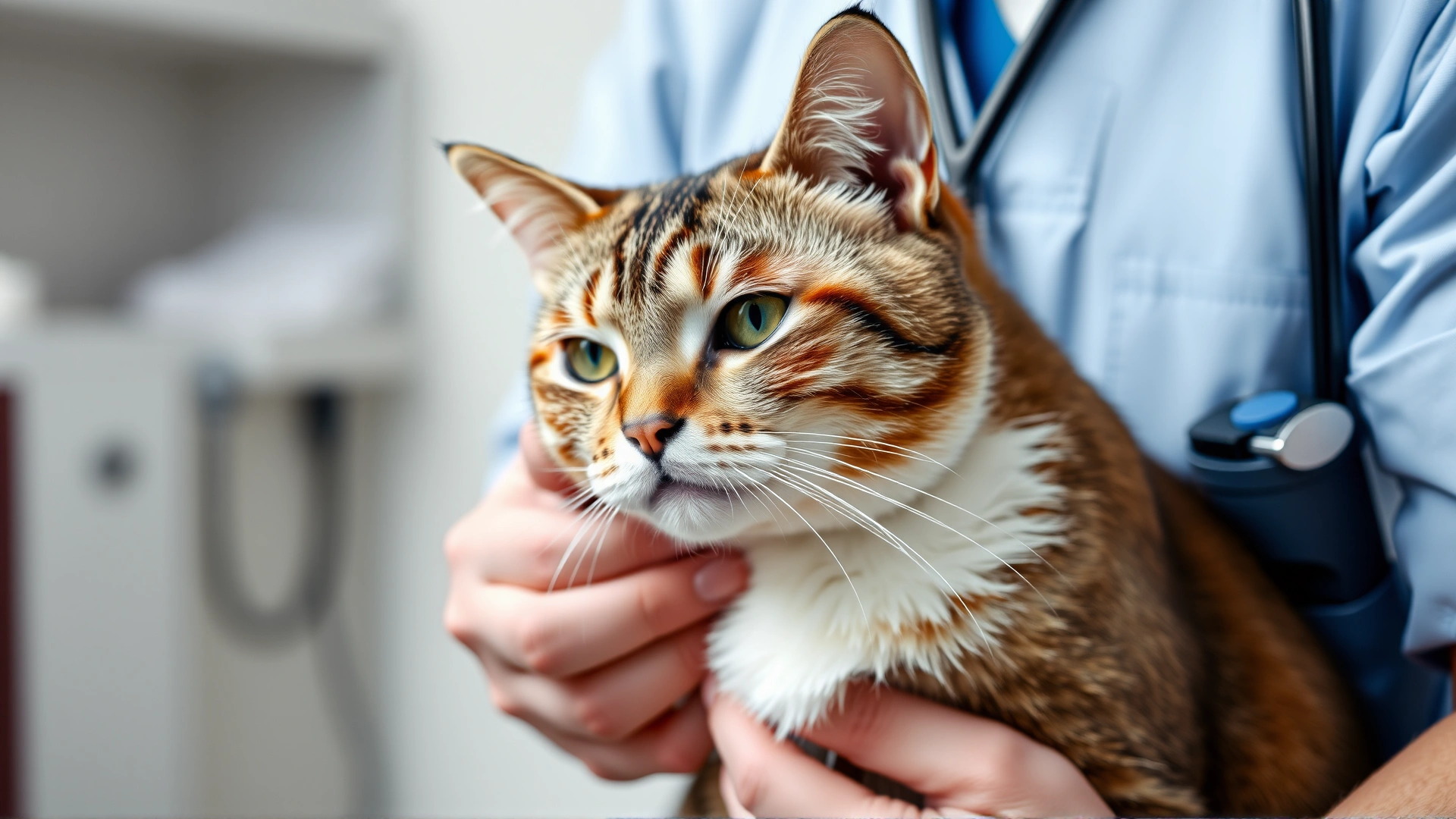 Calm domestic cat being examined by a veterinarian in a clinic, vet gently holding the cat and listening to its chest