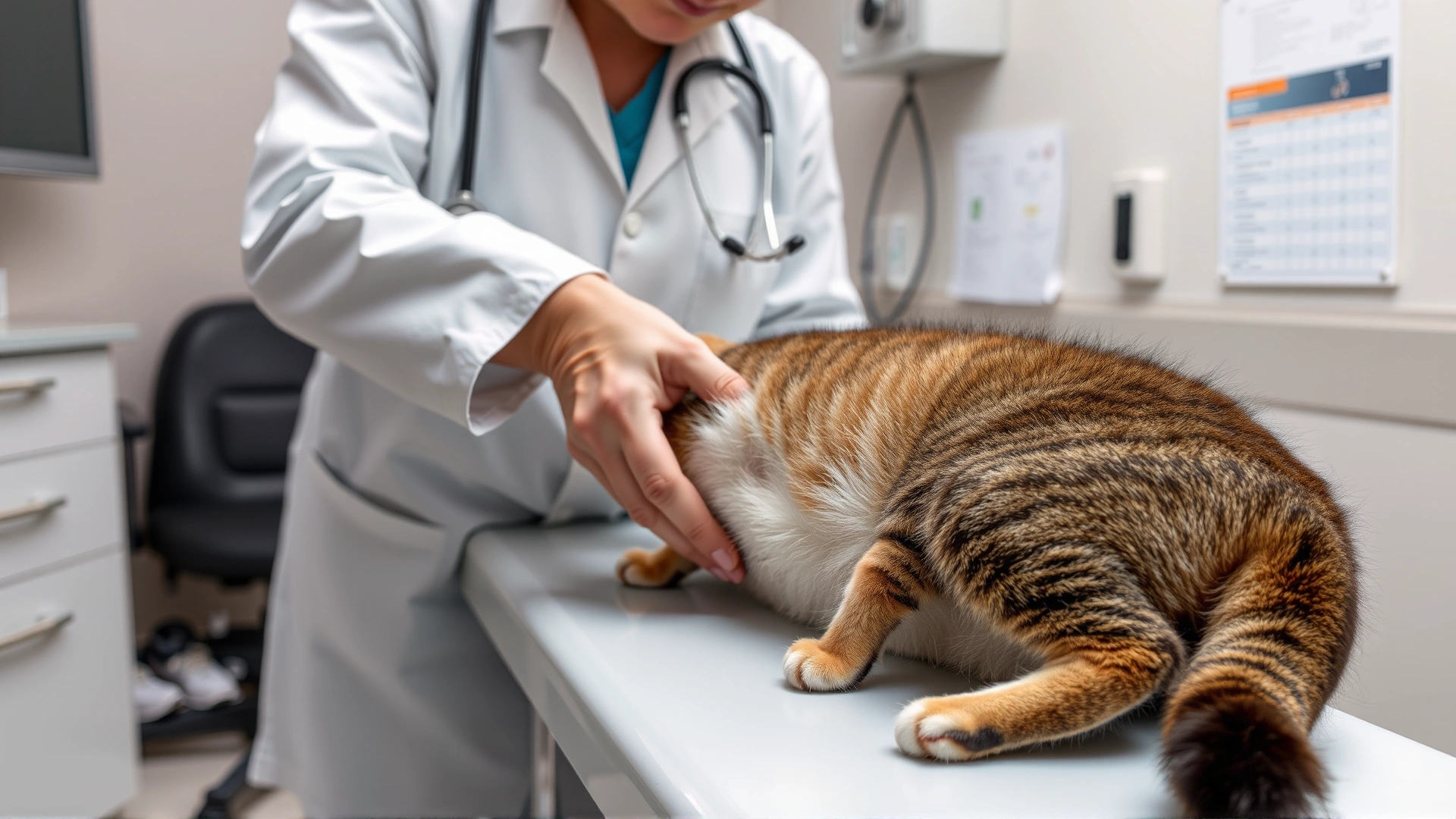 Veterinarian gently examining a cat's abdomen on an examination table in a clean vet clinic, no text.
