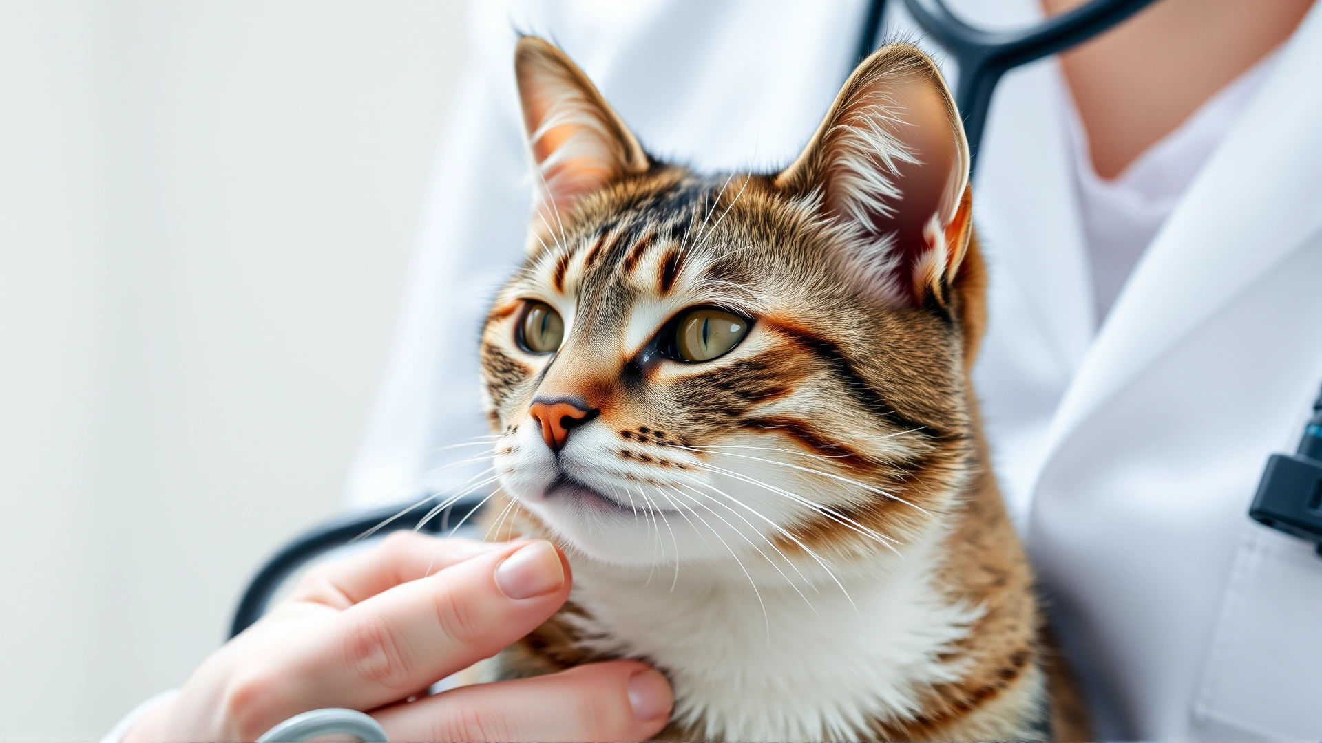 Close-up of a veterinarian using a stethoscope on a calm adult cat, illustrating a veterinary examination.