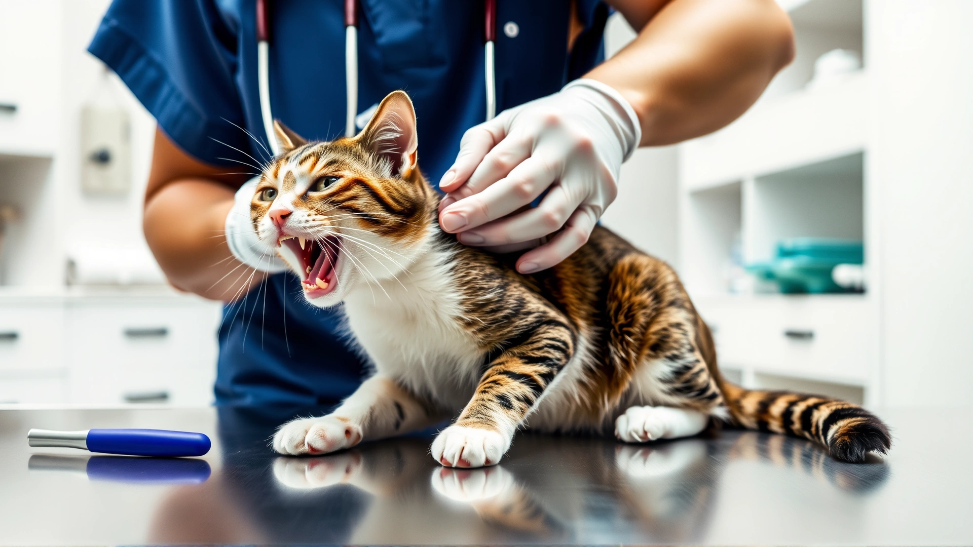 Veterinarian gently opening a cat’s mouth and checking gums on a stainless steel exam table, clinic background