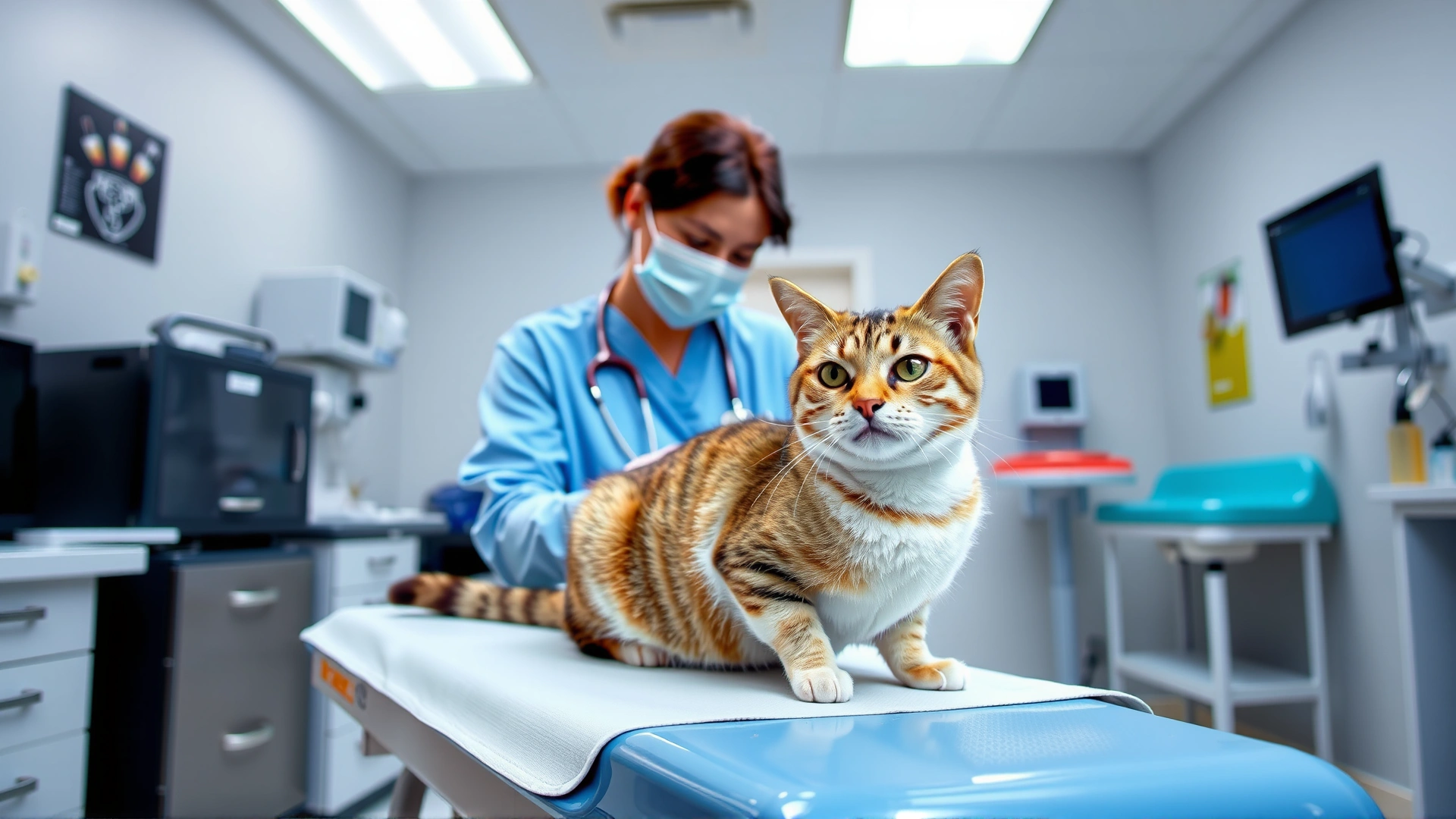 Indoor veterinary clinic scene with a veterinarian examining a calm domestic cat on an exam table, medical equipment in background, bright and clean lighting