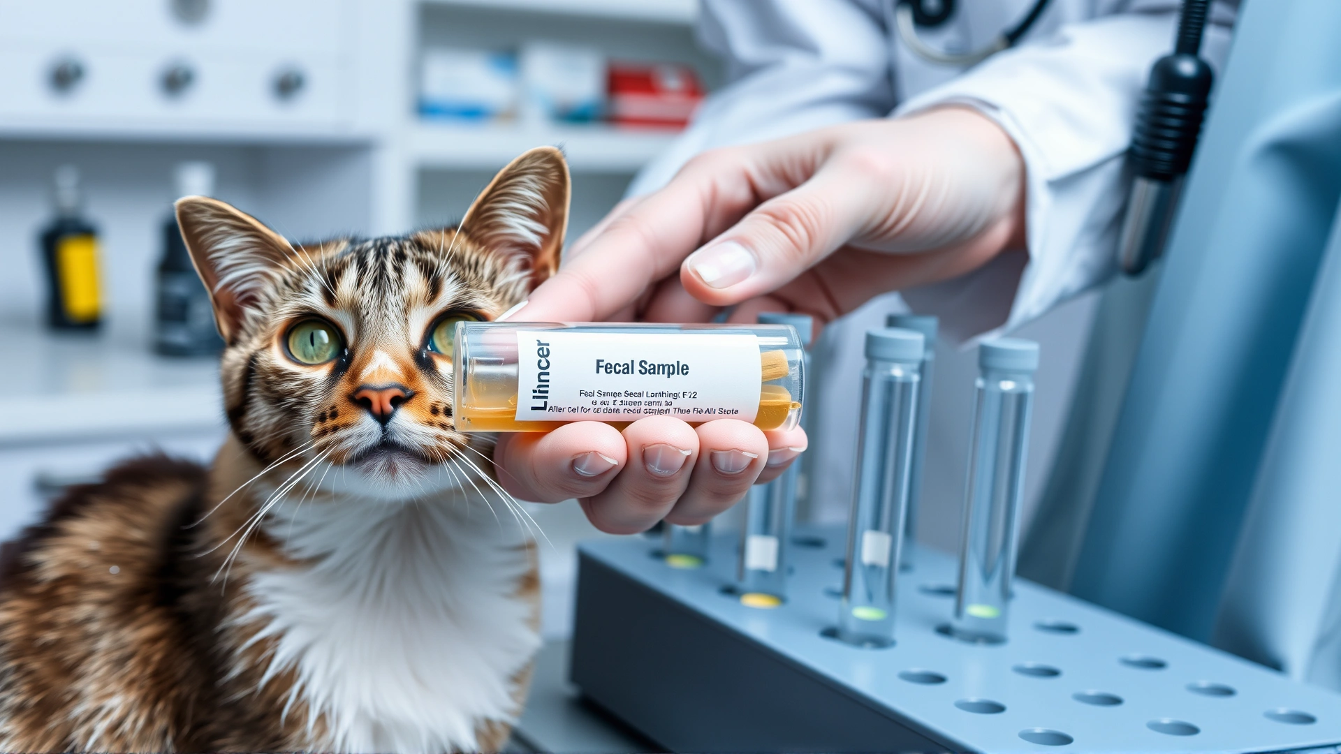Close-up of a veterinarian placing a sealed fecal sample tube into a lab rack, with a curious cat looking on from the exam table.