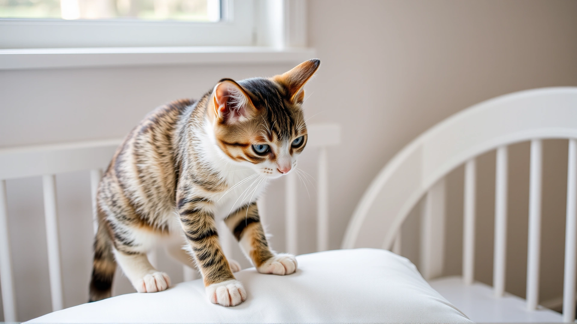 Domestic short-hair cat perched on the edge of a white baby crib looking down curiously at an empty pillow; soft afternoon light.