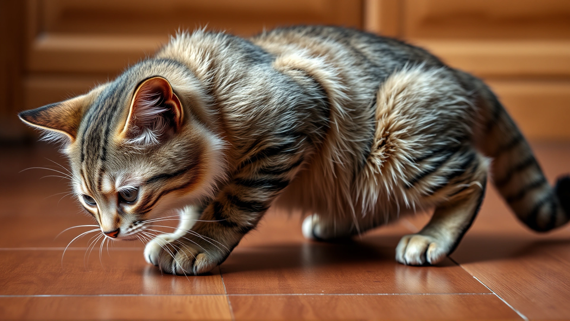 Domestic cat struggling to maintain balance on a wooden floor, slightly tilted posture