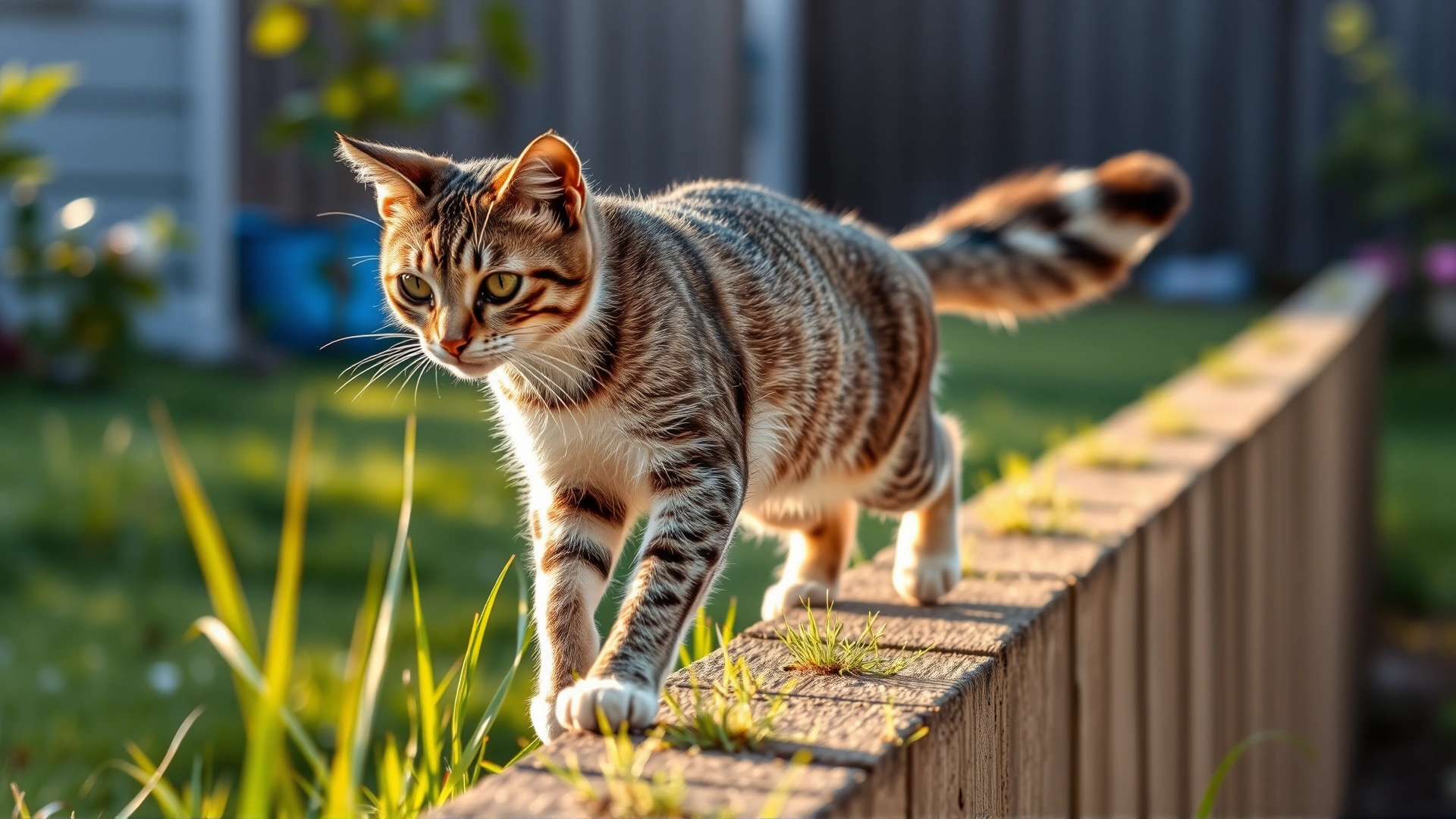 Domestic short-hair cat carefully walking along a narrow backyard fence, tail stretched out horizontally to maintain balance, soft afternoon light