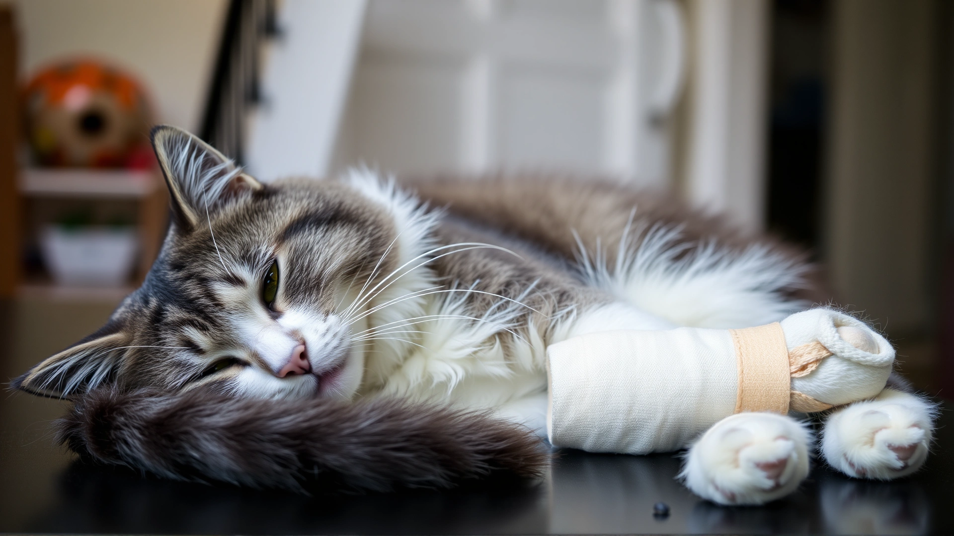 Grey and white cat resting calmly with a fresh bandage wrapped around its front leg, soft-focus home environment.