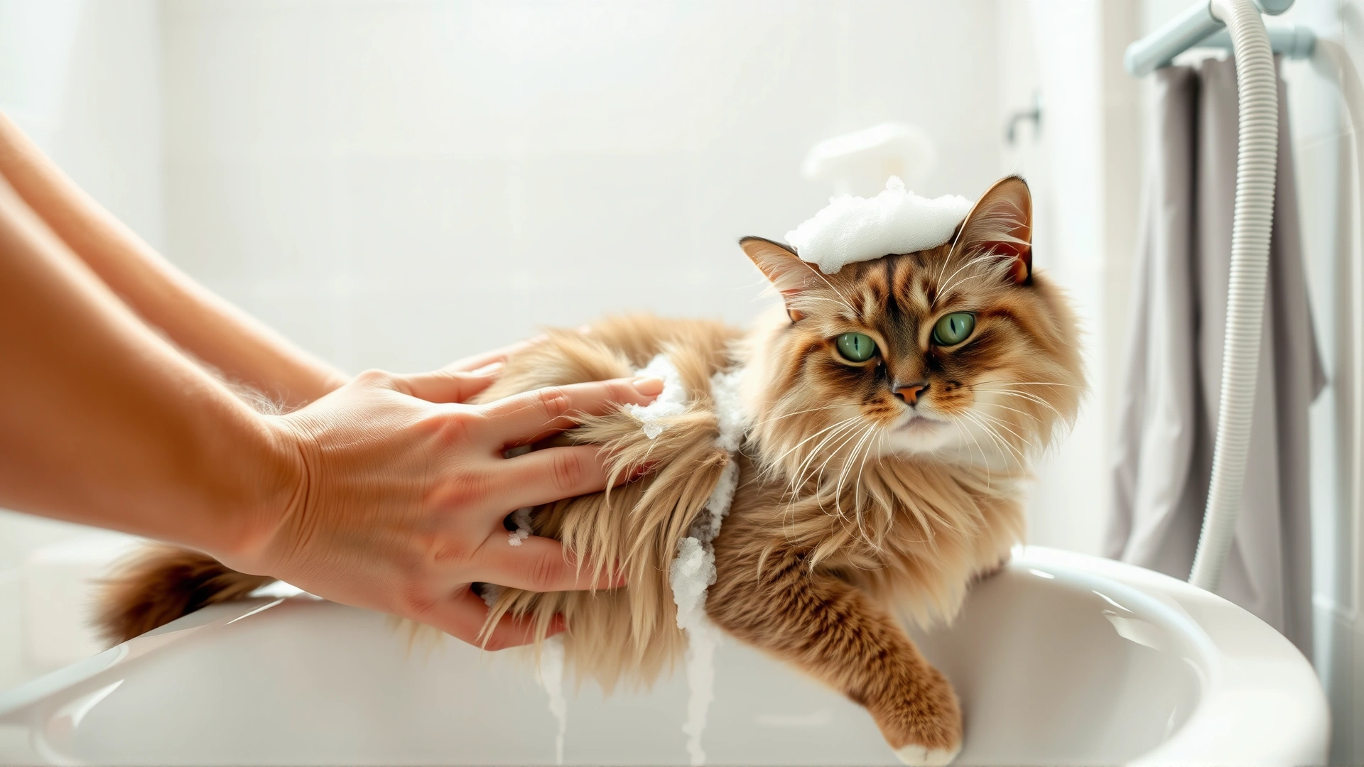 Owner gently bathing a long-haired cat in a sink with foam from veterinary shampoo, bright bathroom environment, no text.
