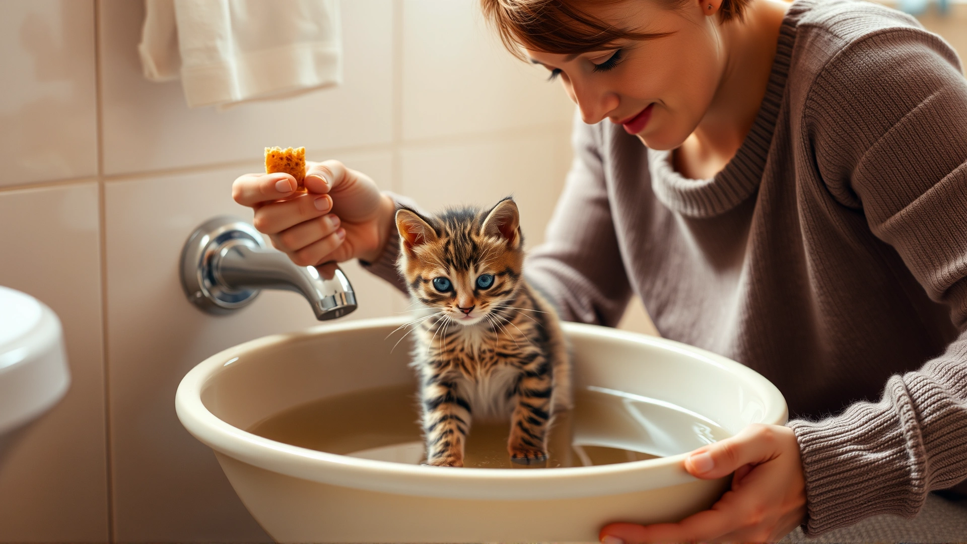 Owner gently lowering a calm kitten into a shallow basin of warm water while offering a treat, cozy bathroom scene