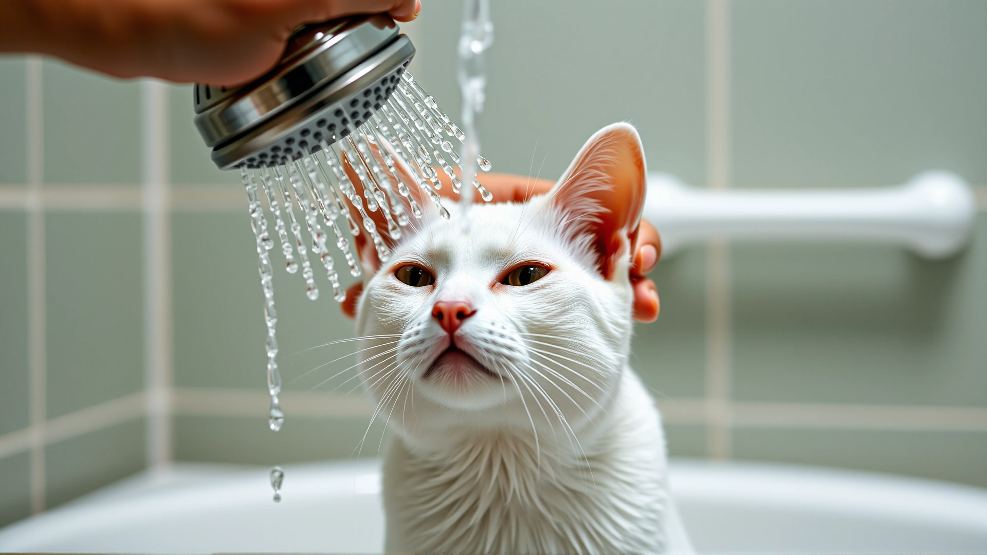 Close-up of human hands gently rinsing a calm white cat with a handheld showerhead in a bathroom, emphasizing gentle bathing technique.