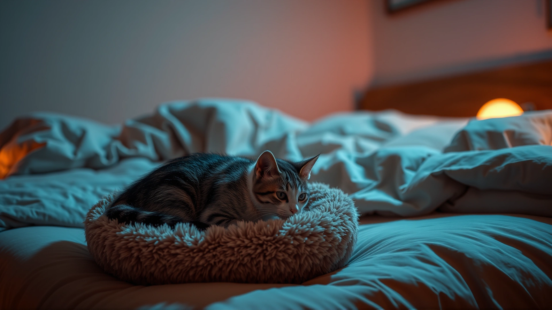 Cat exploring a plush heated cat bed placed beside a human bed at night, warm ambient lighting