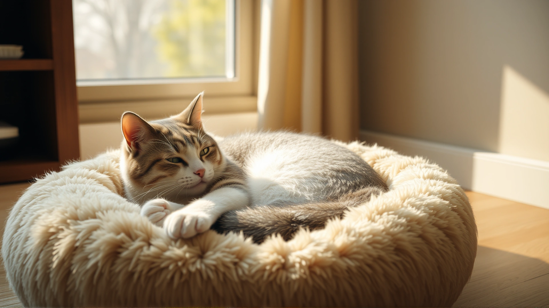 Cozy cat curled up in a plush round bed next to a window with warm sunlight streaming in, indoor home setting.