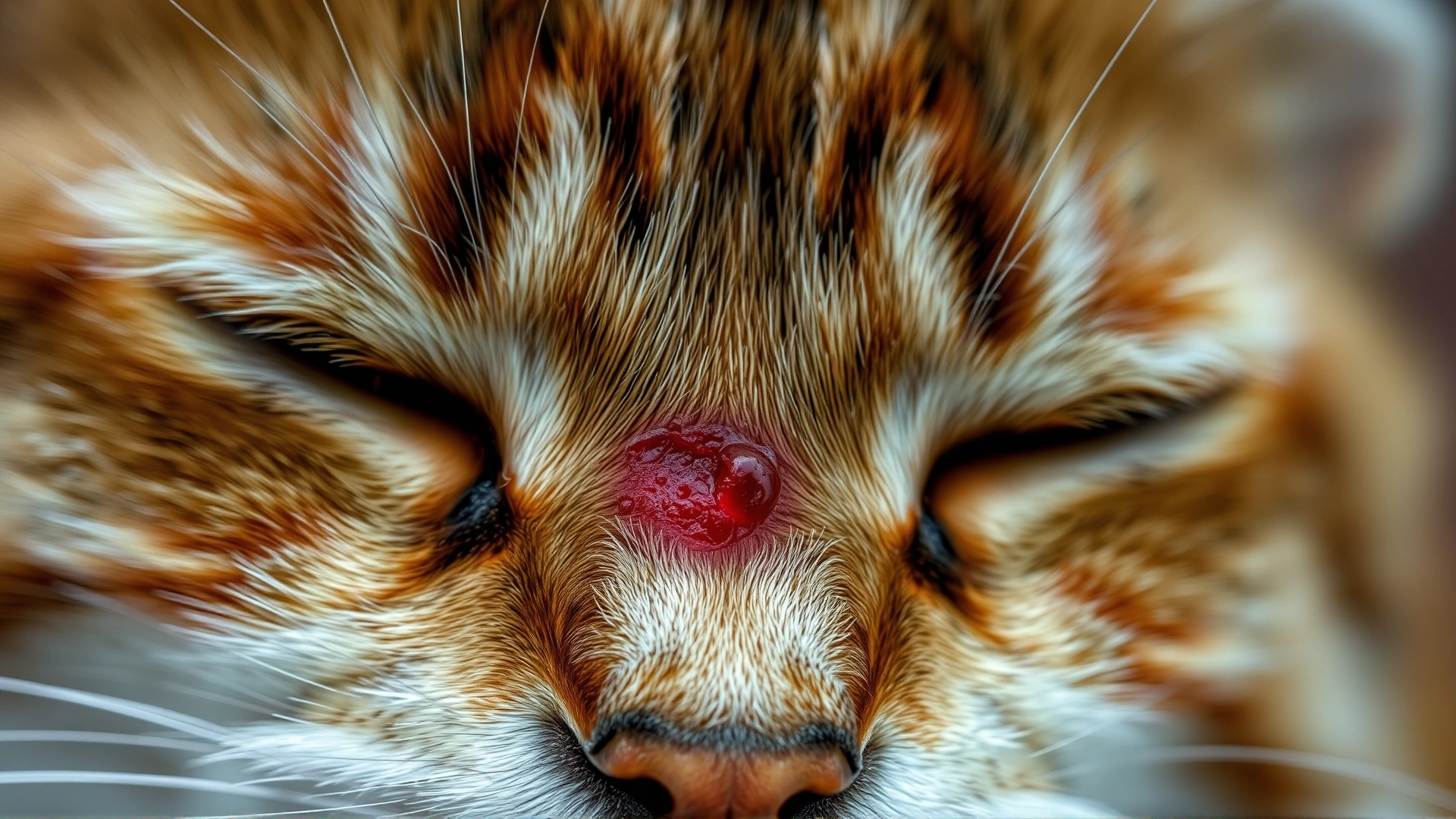 Close-up shot of short-haired cat skin displaying a small reddish necrotic lesion from a spider bite, medically accurate but not graphic, soft lighting
