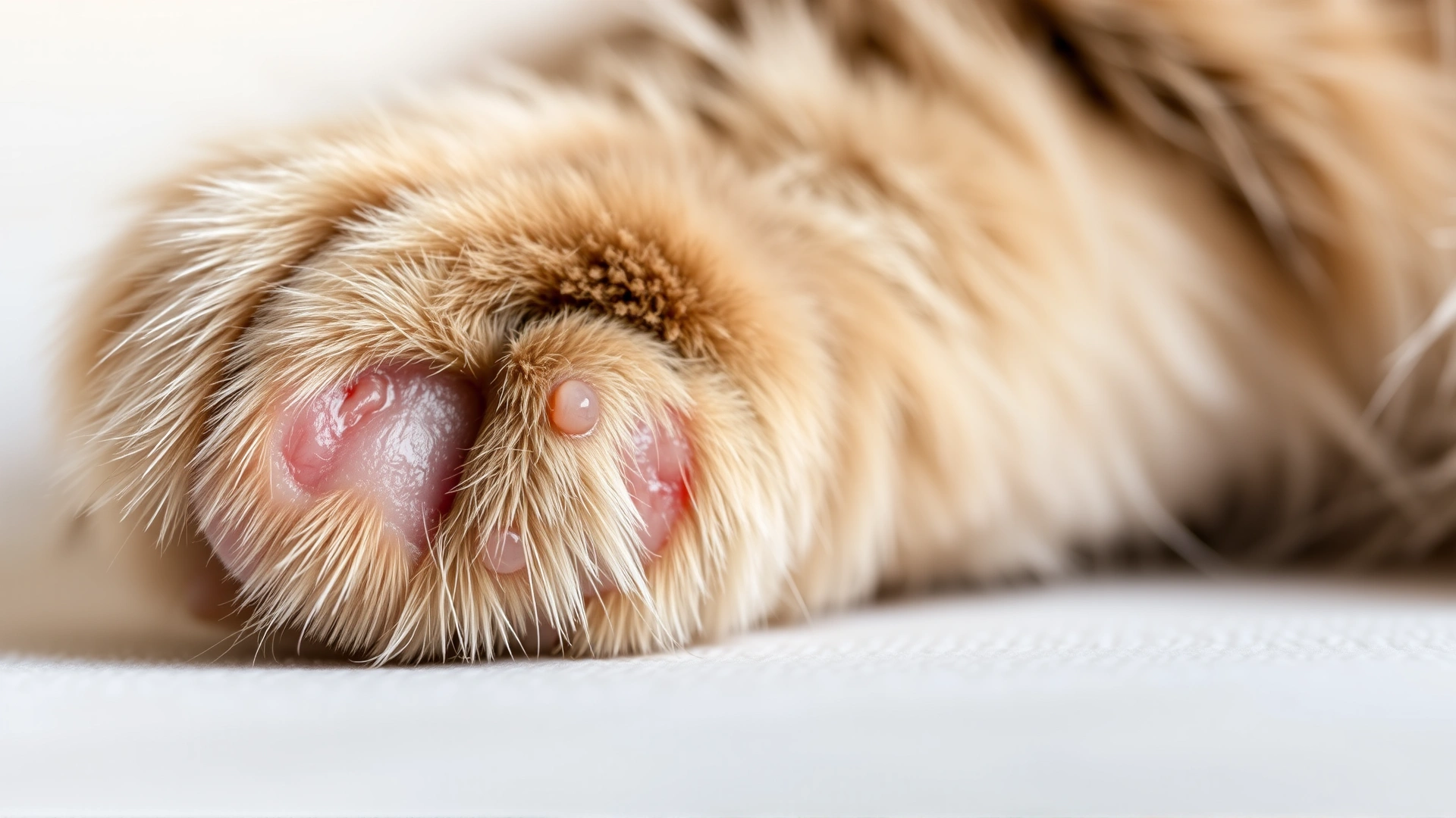 Macro photograph of a cat’s paw showing a fresh bite puncture with slight swelling, taken on a neutral background.