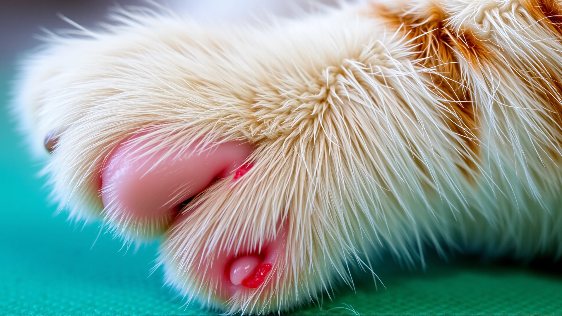 Detailed shot of a cat’s front paw showing mild swelling and a small puncture wound, illustrating the site of a lizard bite