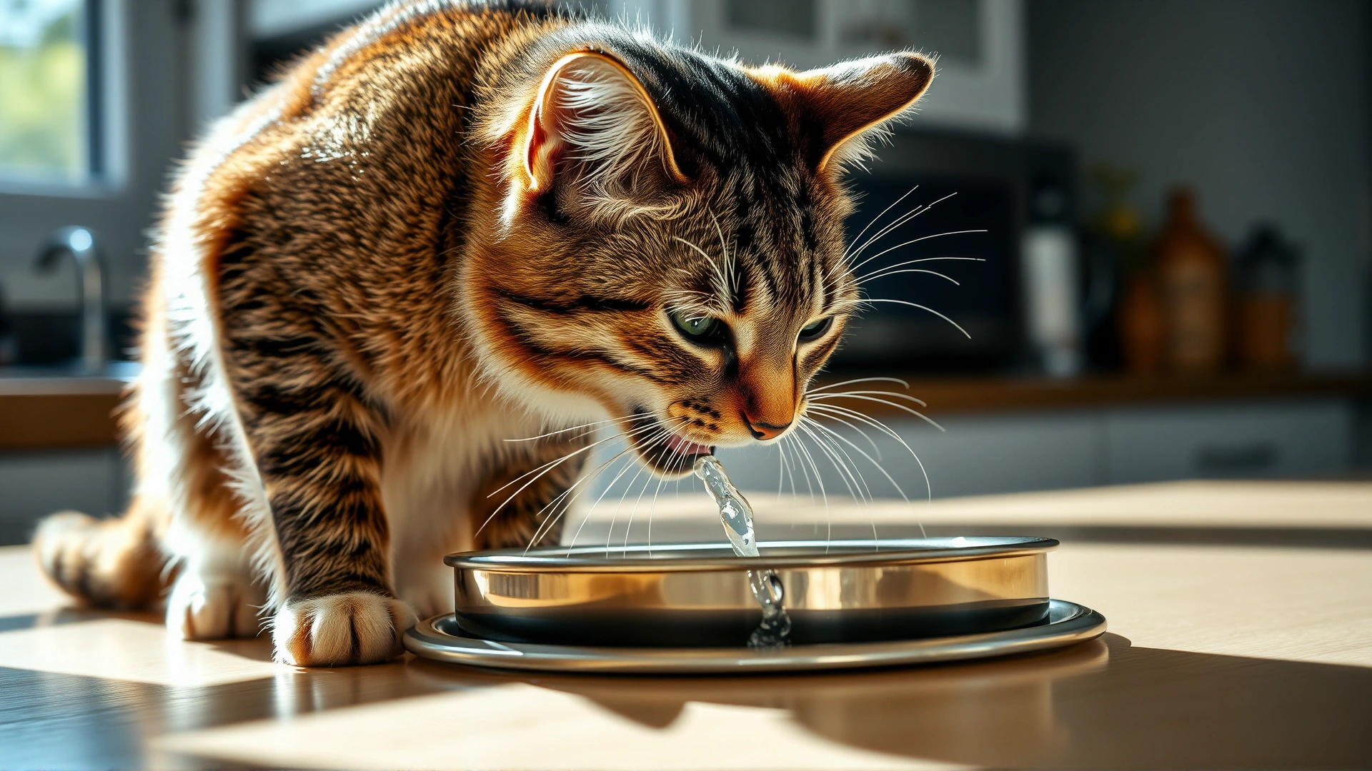 Thirsty tabby cat drinking fresh water from a stainless steel bowl in a sunlit kitchen, highlighting hydration