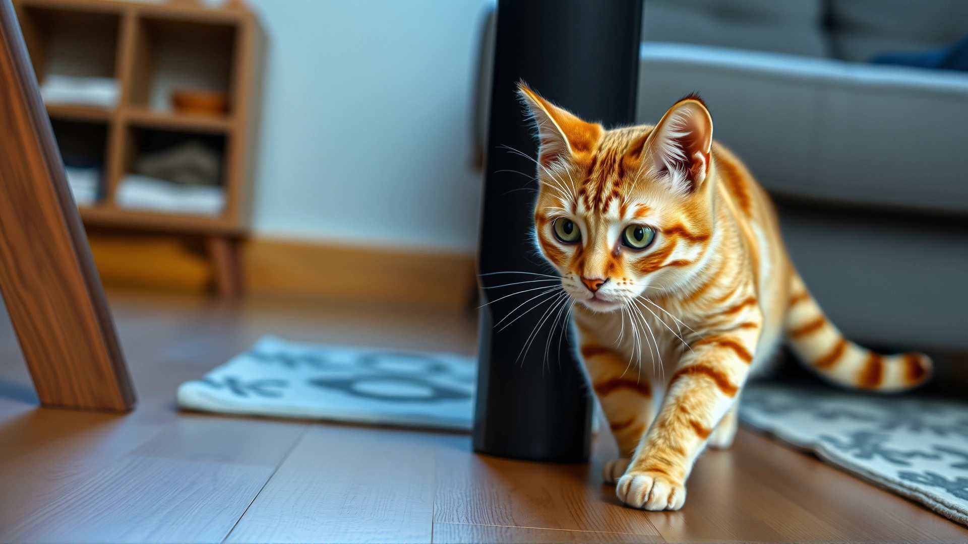 Indoor scene of a confused domestic cat cautiously walking and slightly bumping a couch leg, illustrating impaired vision, natural living room lighting