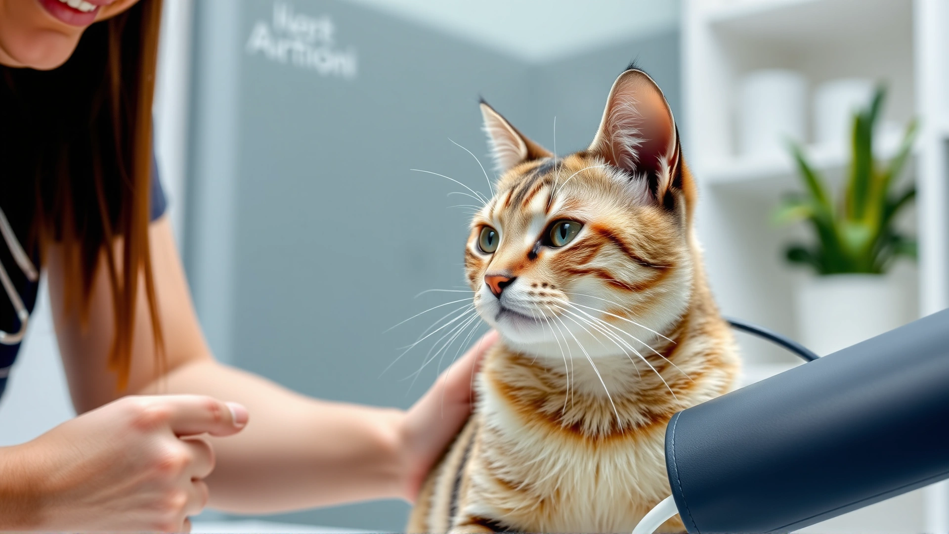 Calm domestic short-haired cat having its blood pressure measured with a tiny cuff by a veterinarian; modern clinic setting