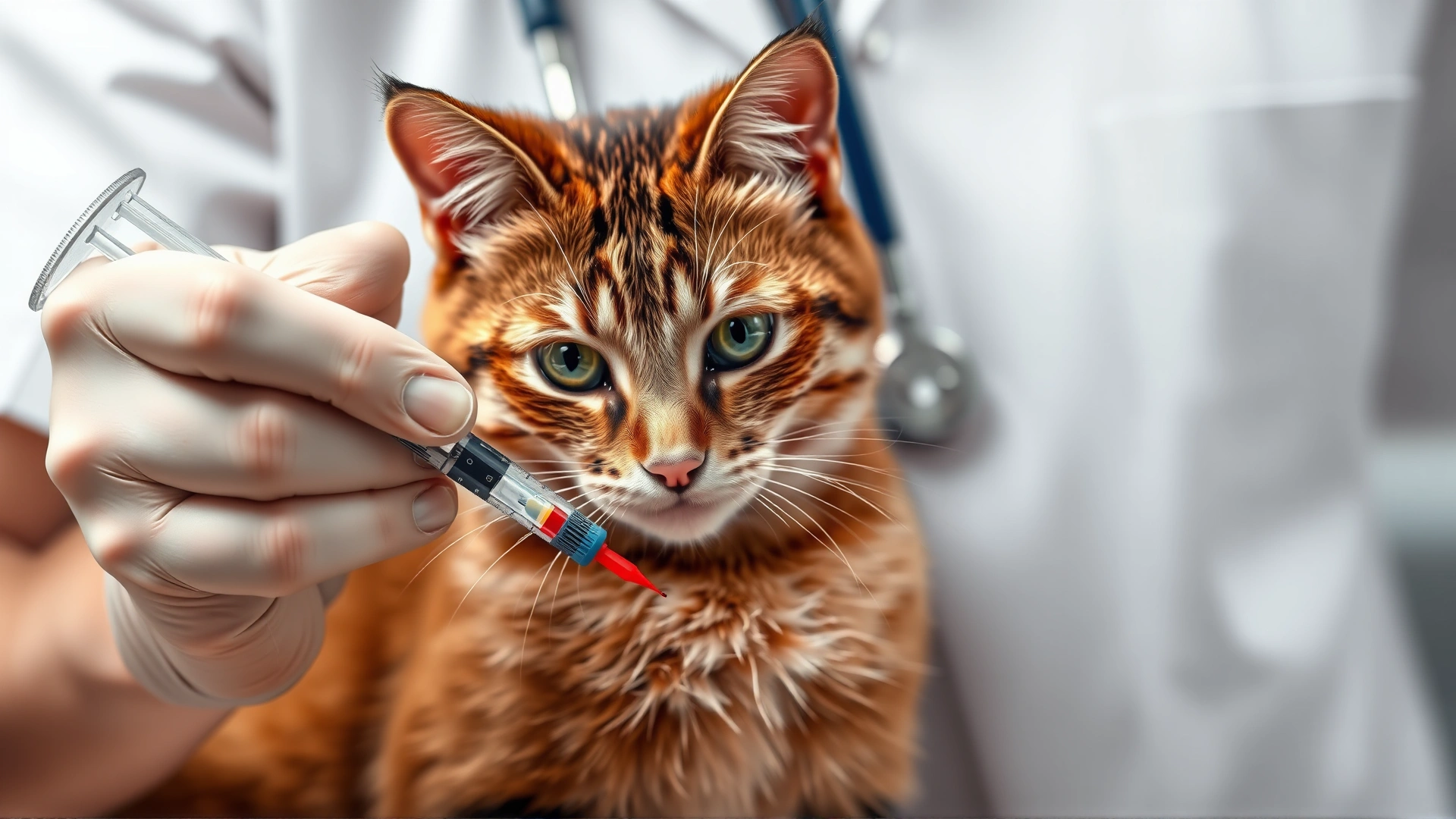 Veterinarian drawing blood from a cat's front leg using a syringe; focus on the procedure and the cat's calm demeanor.