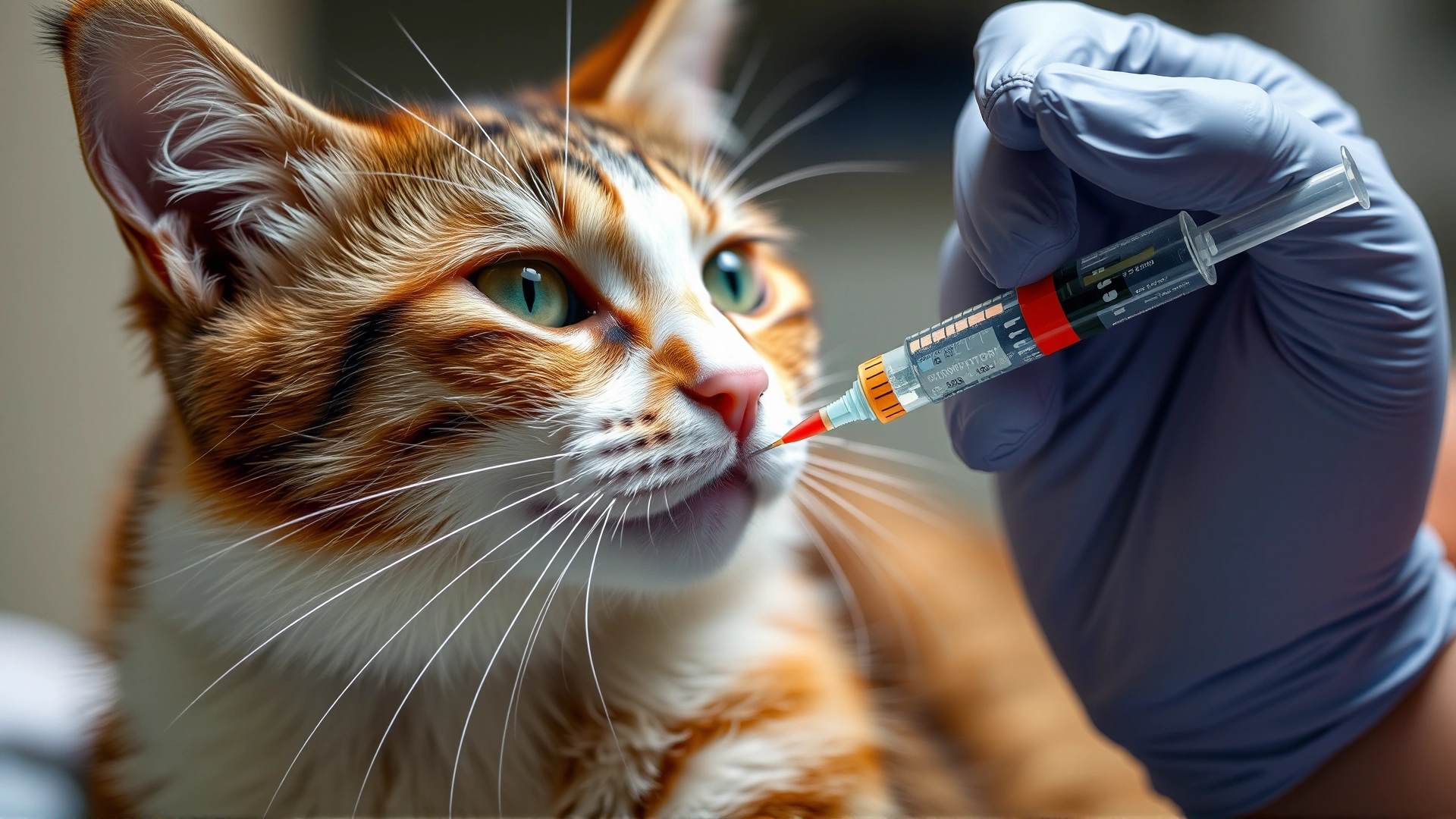 Close-up of a veterinary technician drawing blood from a cat’s front leg using a small syringe