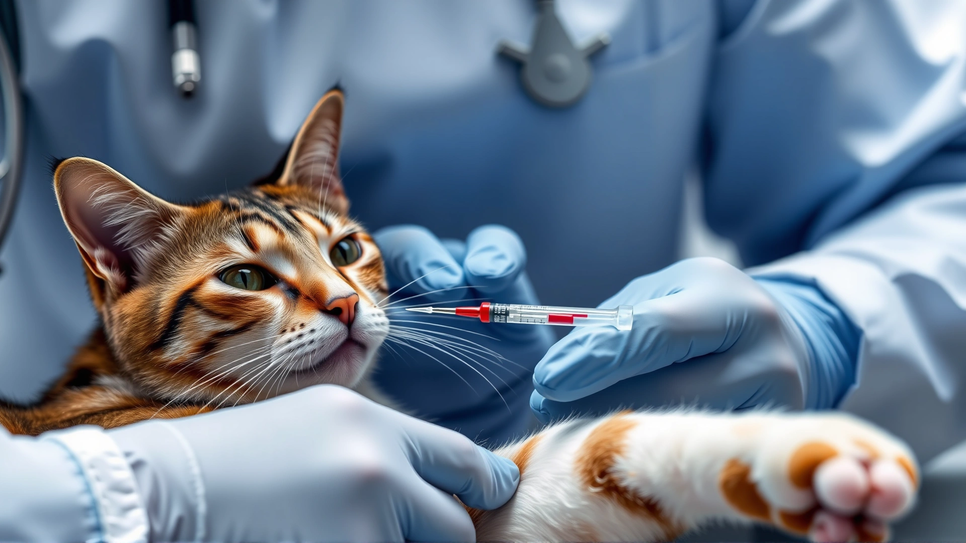 Veterinary technician inserting a small needle into a cat’s foreleg for blood collection, showing careful handling and sterile environment