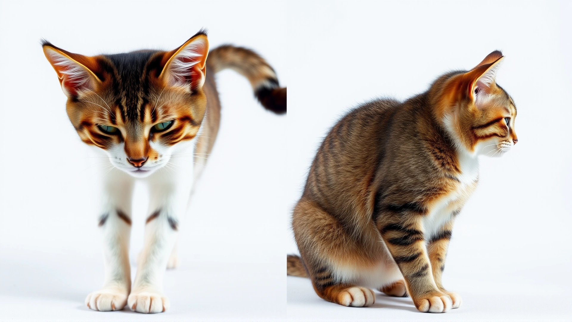 Split image showing the same cat in two poses: relaxed posture with ears forward and tail loosely wrapped, and tense posture with ears flattened and tail puffed, plain studio background.