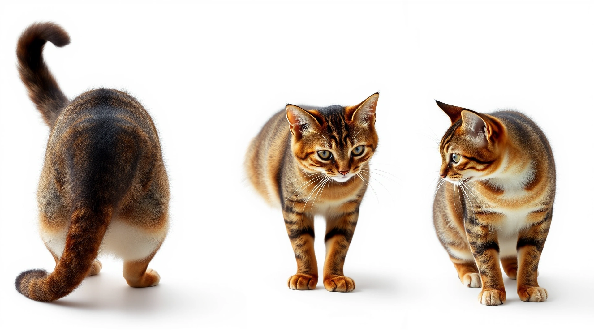 Three-panel image: cats showing different fearful postures—arched back with puffed tail, crouched posture with flattened ears, and relaxed neutral posture for comparison, seamless white background, high-resolution photo