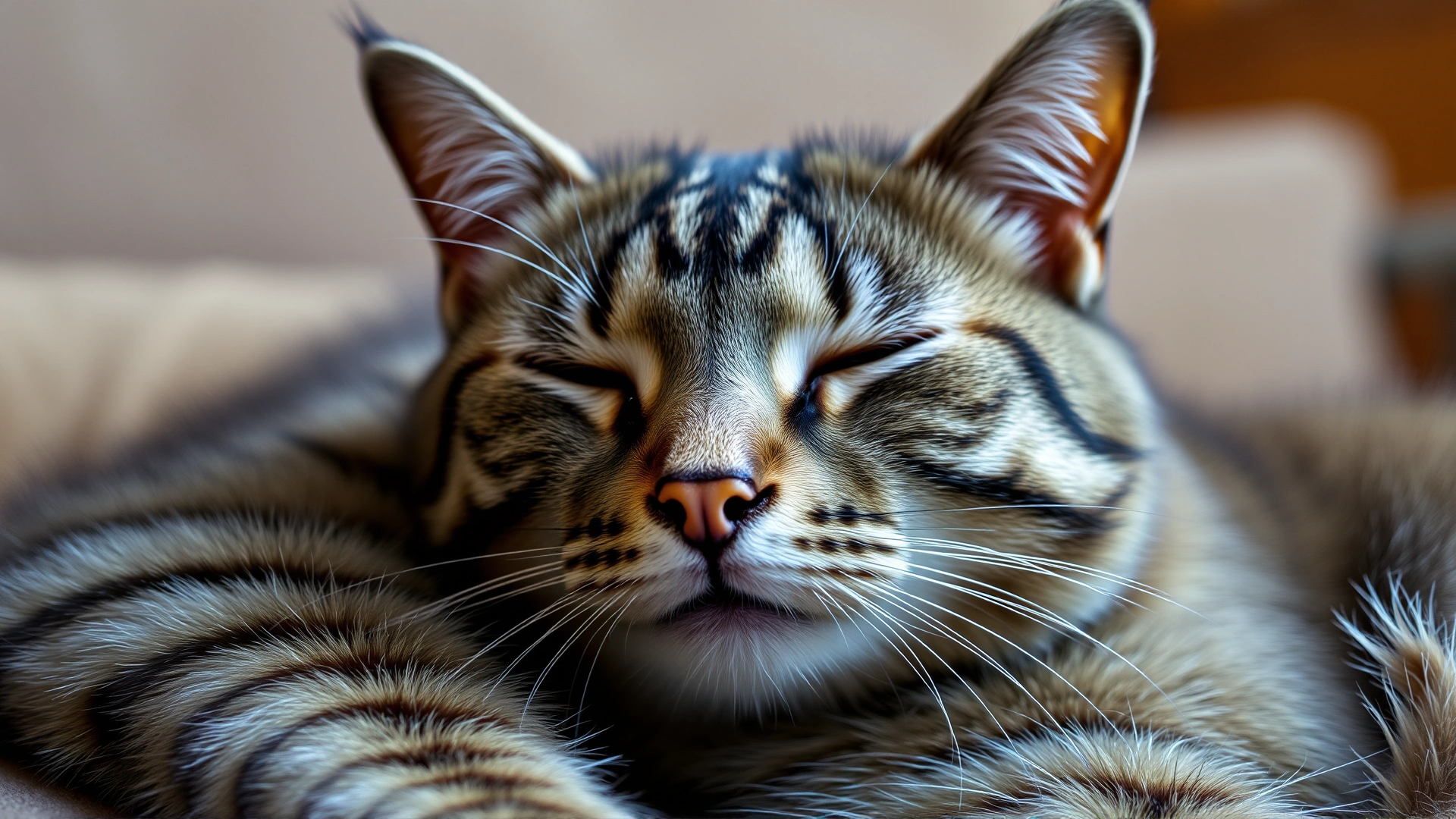 Close-up of a calm domestic cat with relaxed ears and half-closed eyes lounging on a couch, demonstrating comfortable body language