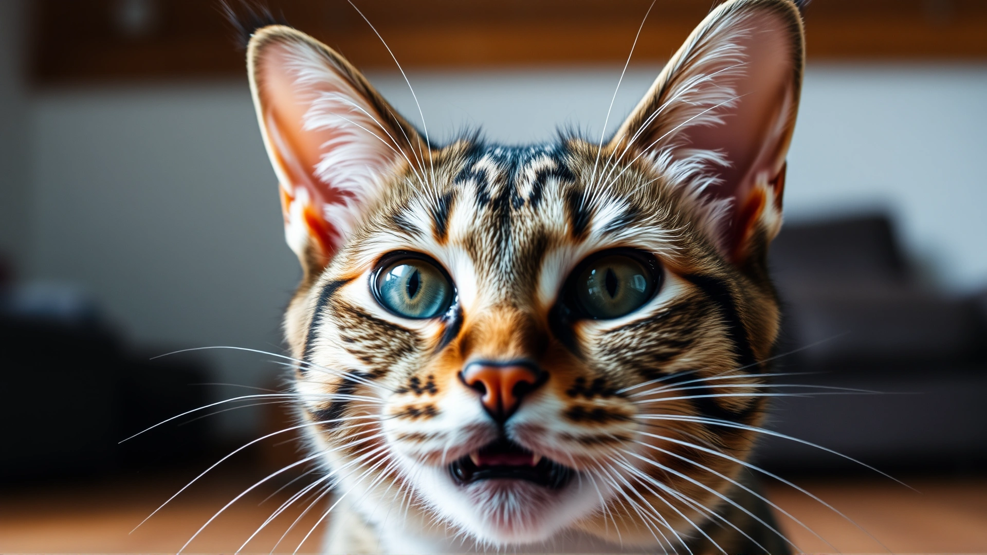 Close-up of a frightened tabby cat displaying flattened ears and dilated pupils, indoor setting